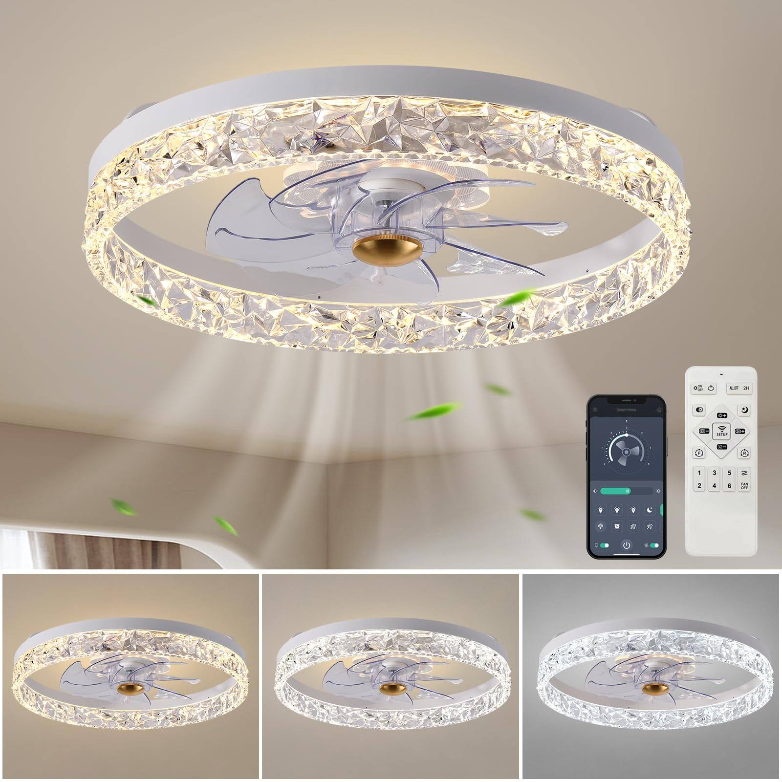 08236cbe173b251e4119c6d74a4ae75943ff56cfe6dd53fcdb1922d9ac8b5574.jpg 2024 Upgraded Caxsrfyk Ceiling Fan 3098 White Ceiling Fans with Lights App & Remote Control, 6 Wind Speeds Modern Ceiling Fan, Timing & 3 LED Color - Image 1