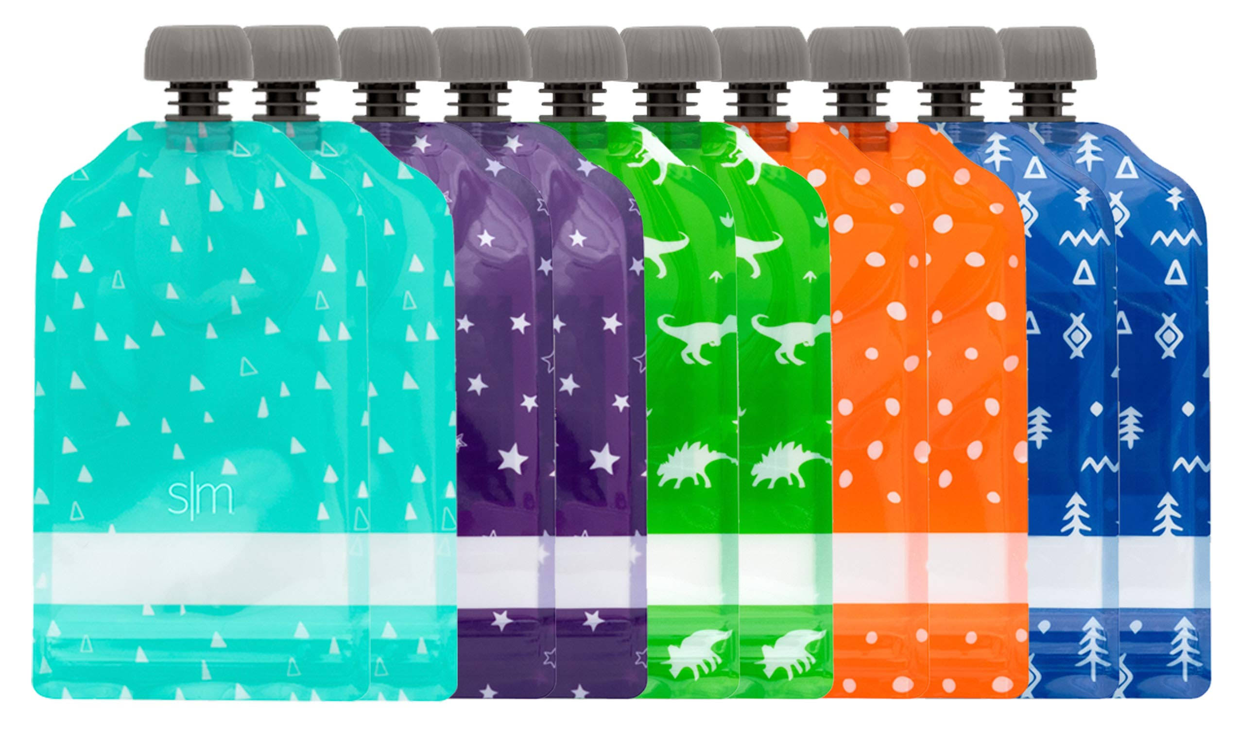 087169380cc8ddf46ee5ed4a834fe0f0840316a66d8be66a1016982e6c9d61da-1.jpg Simple Modern Reusable Food Pouches 10-Pack 5oz - Baby Food Storage Toddler Kids Squeezable Pouch Washable Freezer Safe - 5 Fun Designs - Image 1