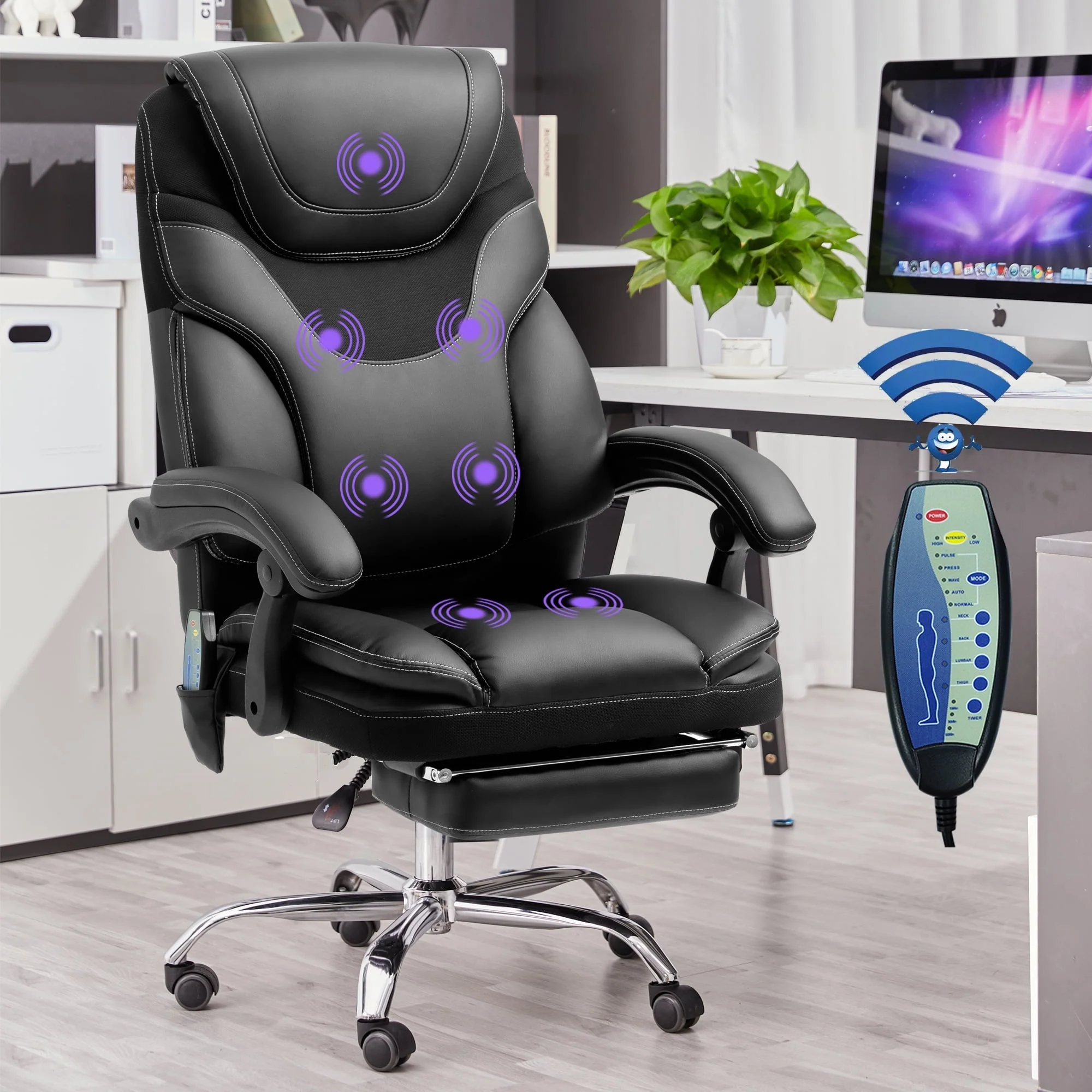 088687a8403beb4fa5ea158bf8cacc9c608d2b4564e665dec7a2745ce2bfbebd.webp Massage Office Chair, Reclining Office Chair with Footrest, Ergonomic Office Chair with Lumbar Support, High Back Executive Office Chair, Height and Armrest Adjustable, 300 lb Capacity - Image 1