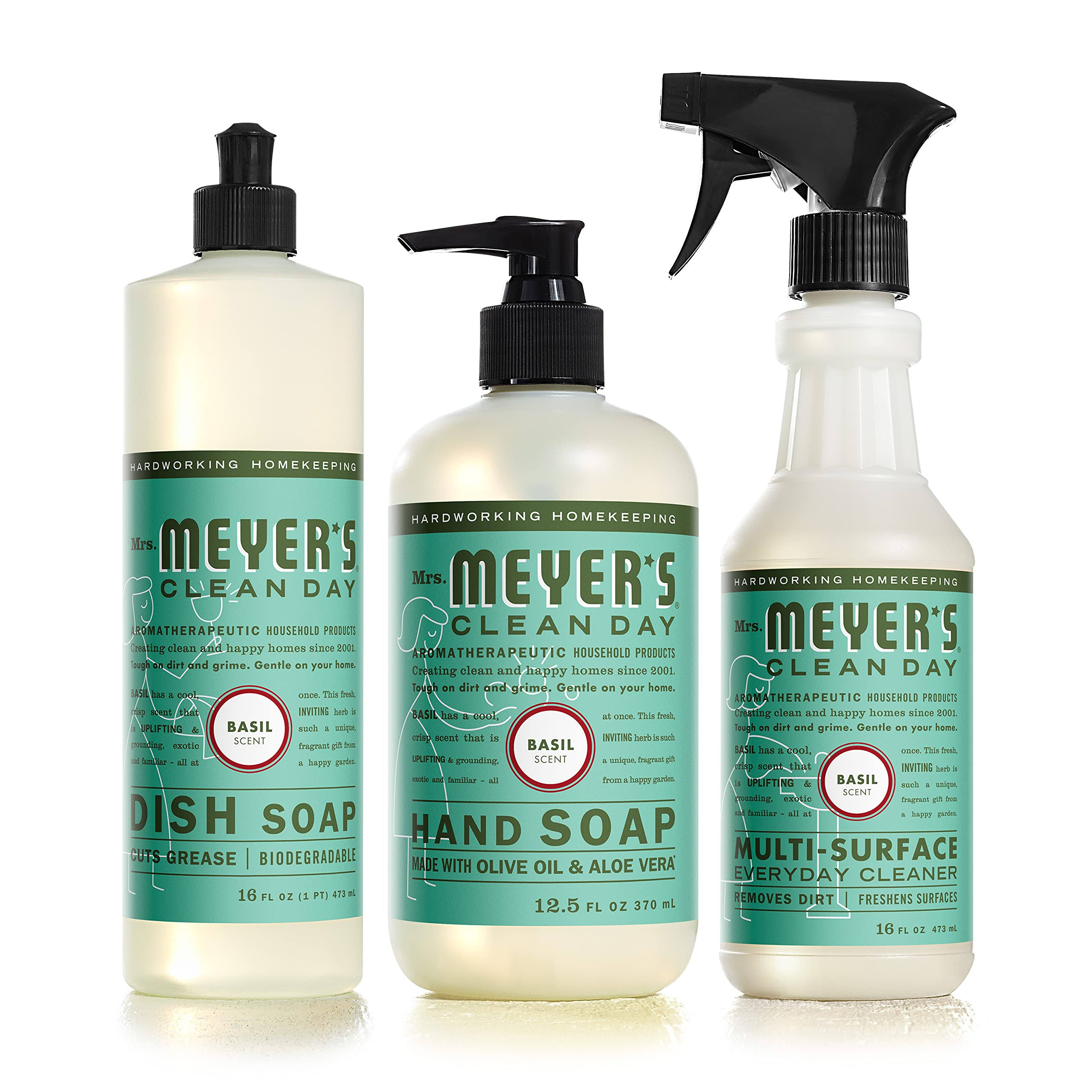 08c18305e998db239913ab20d954b5ec8d41ddc4112865c7481b96219d02a881.jpg Mrs. Meyer's Kitchen Essentials Set, Includes: Hand Soap, Dish Soap, and All Purpose Cleaner, Basil, 3 Count Pack - Image 1