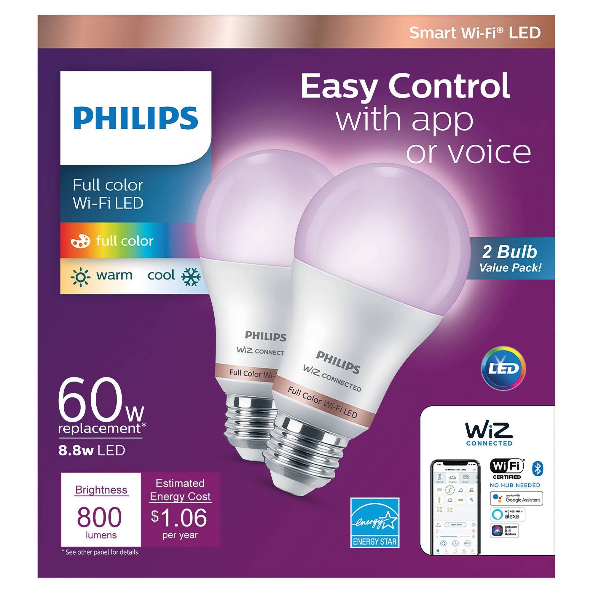 08d1e609ff2d7c588fbdf6d15b619dbabe7609f16261e0c7f6230d1b36c5a559.jpg Philips 60-Watt Equivalent A19 Dimmable Smart Wi-Fi Wiz Connected Wireless LED Light Bulb, 2-Pack, Color and Tunable White - Image 1
