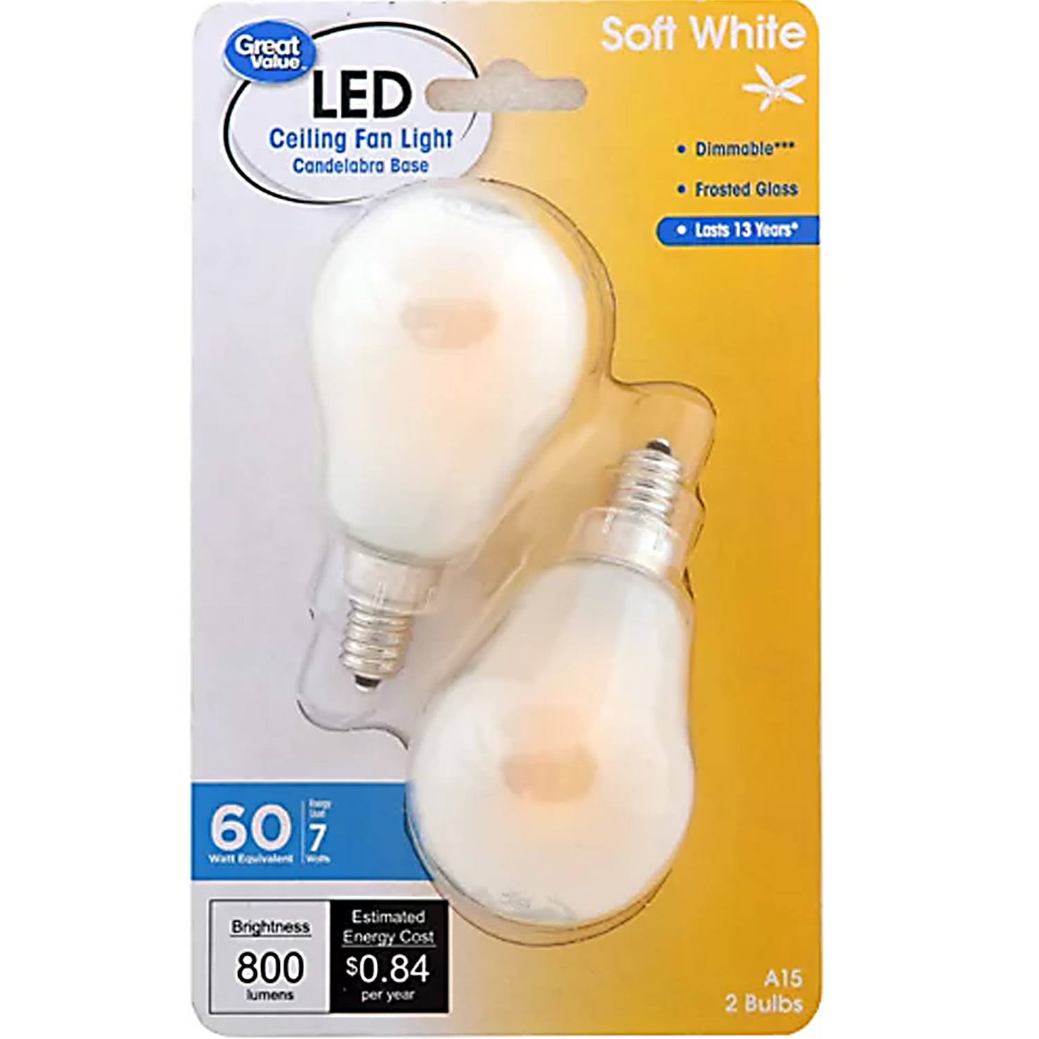 08d2c8ffe33fc6307b4d364e0a6b59d0b815c913feedac3d25e9c8b368436d77.jpg Great Value LED Ceiling Fan Bulb, 7-Watt (60W Equivalent) A15 with E12 Base Soft White, 2 Pack - Image 1