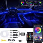 Jushope Interior Car LED Strip Lights with Wireless App and Remote Control, RGB 5 in 1 Ambient Lighting Kits with 236 Inches Fiber Optic, 16 Million