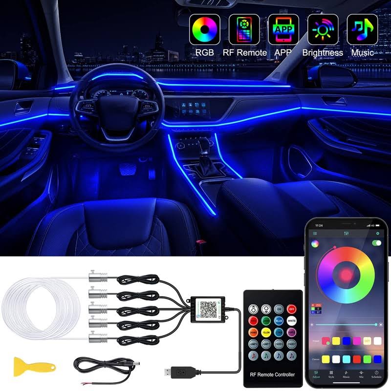 08f66c39fe99ed8d064c6b51eed55bb646a34eaa3ee3aab939b51211e3c3dea4.jpg Jushope Interior Car LED Strip Lights with Wireless App and Remote Control, RGB 5 in 1 Ambient Lighting Kits with 236 Inches Fiber Optic, 16 Million - Image 1