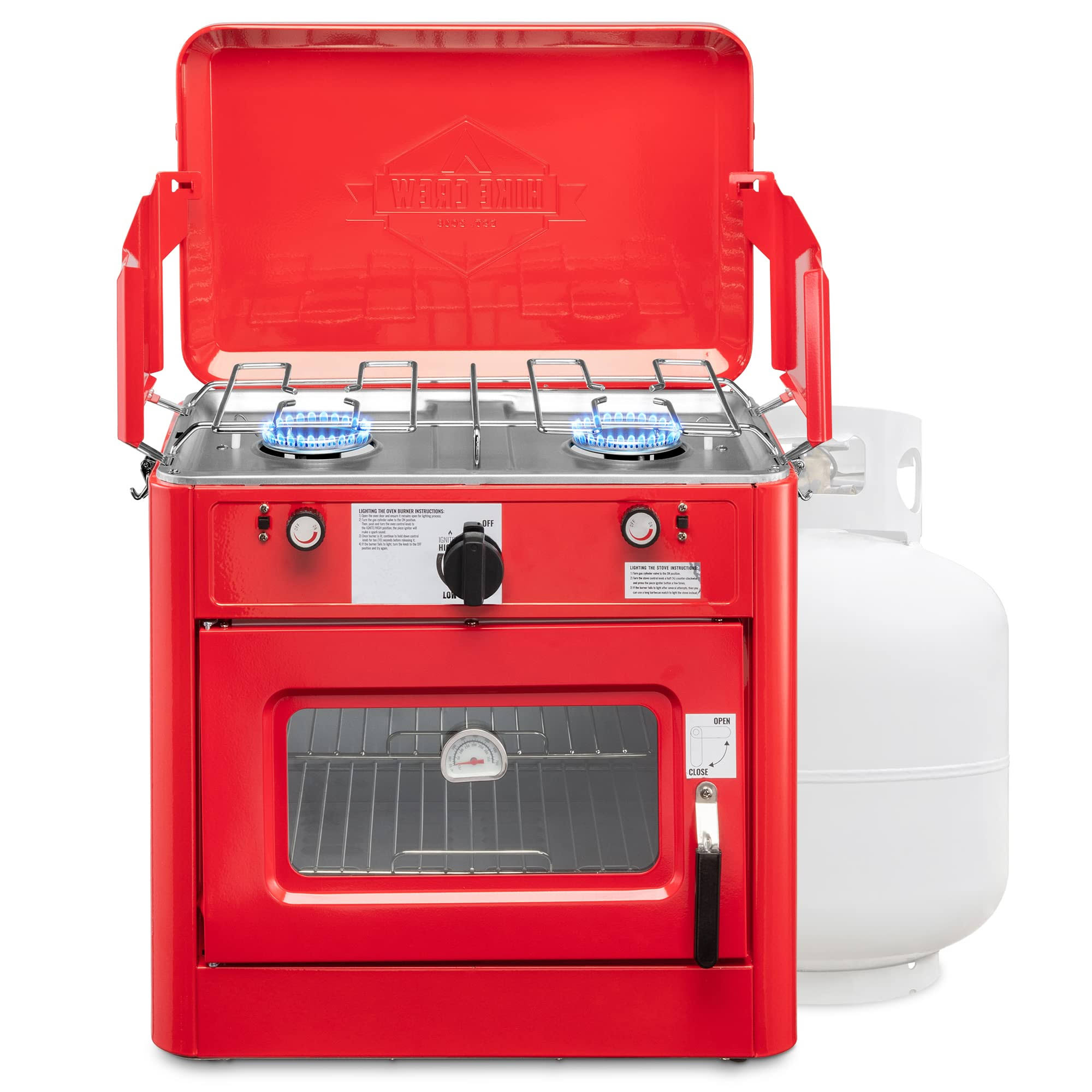 08fccfa42f63cba354fad7bbb8759434054514bb5b8f64f506b242e7f3c098ee.jpg Hike Crew Outdoor GAS Camping Oven w/Carry Bag | CSA Approved Portable Propane-Powered 2-Burner Stove & Oven | Auto Ignition, Overheat Safety - Image 1