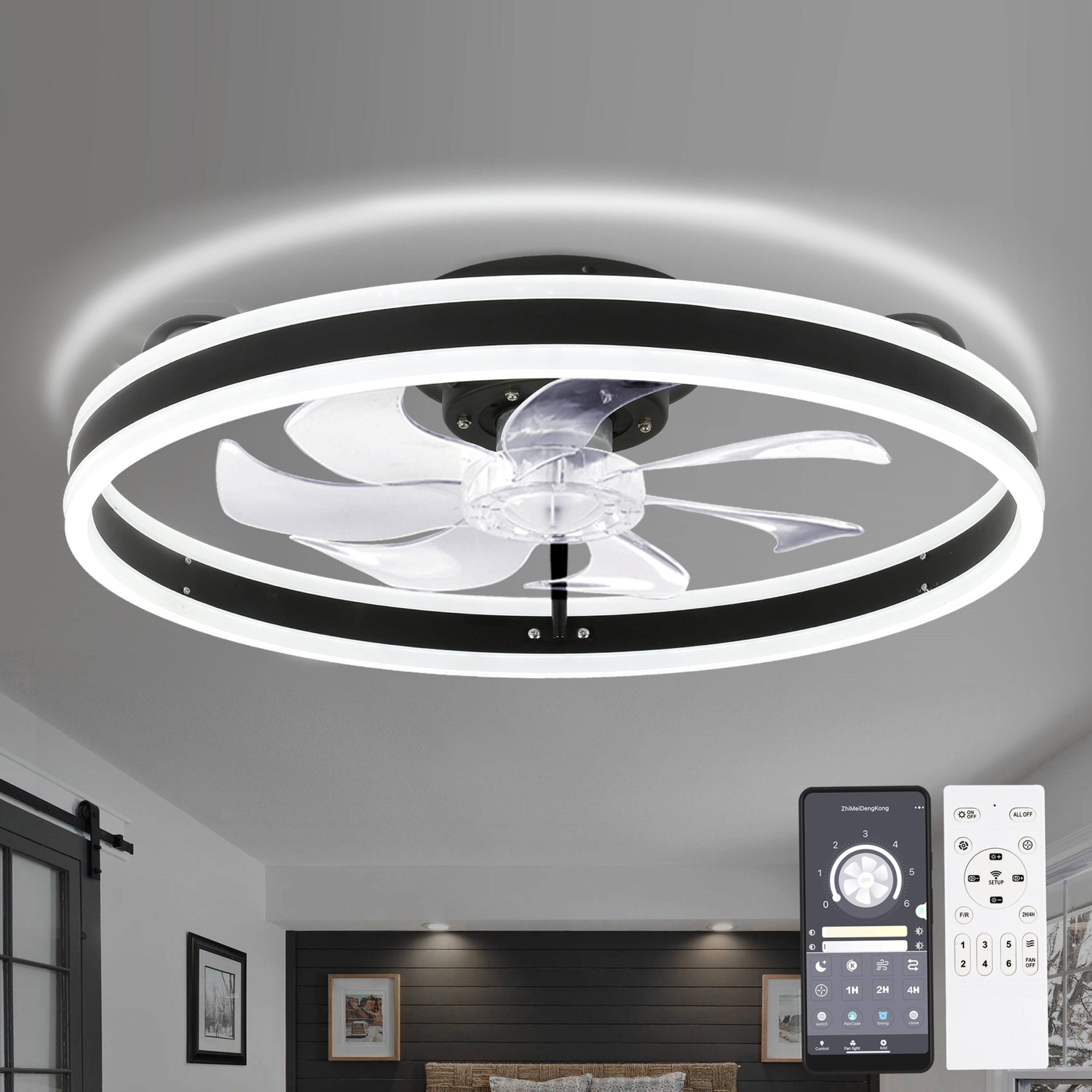 0929f24b6cd901264e63e7ff449a0e97fc02669f6e83b2fb80b452fd436949f6.jpg Oaks Aura DC2002 20in. LED Indoor Black Bladeless Low Profile Ceiling Fan Flush Mount Smart App Remote Control Dimmable Lighting - Image 1