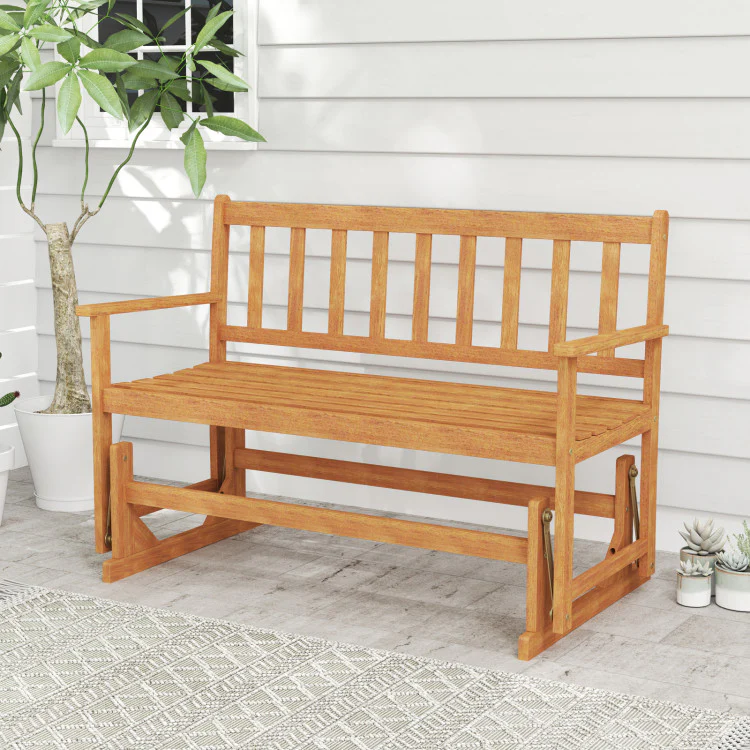 0938fff5e994c5ef28de7c9684164df7007551b2ded8e0e73e8eb17de22c27fc.webp 2-Person Patio Glider Bench, Solid Acacia Wood Porch Glider Chair with Slatted Backrest & Seat, Outdoor Glider Loveseat for Balcony Poolside Garden - Image 1