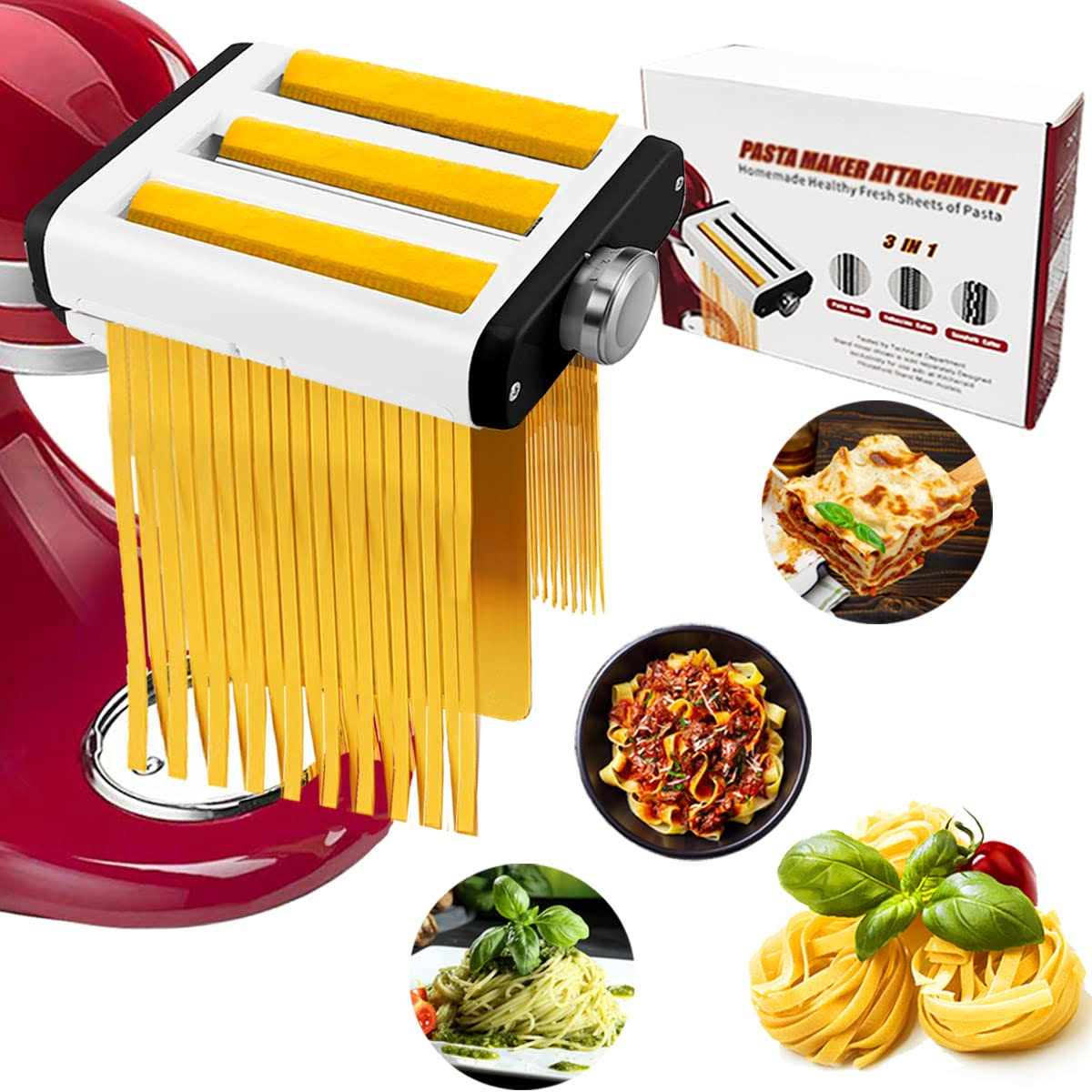 09a1f4bd02bba3013cc91d96a6bad232dea066392476a8f7836c0dd5c74b1eb8.jpg Pasta Maker Attachment for All KitchenAid Mixers, Noodle Ravioli Kitchen Aid Mixer Accessories 3 in 1 Including Dough Roller Spaghetti Cutter - Image 1