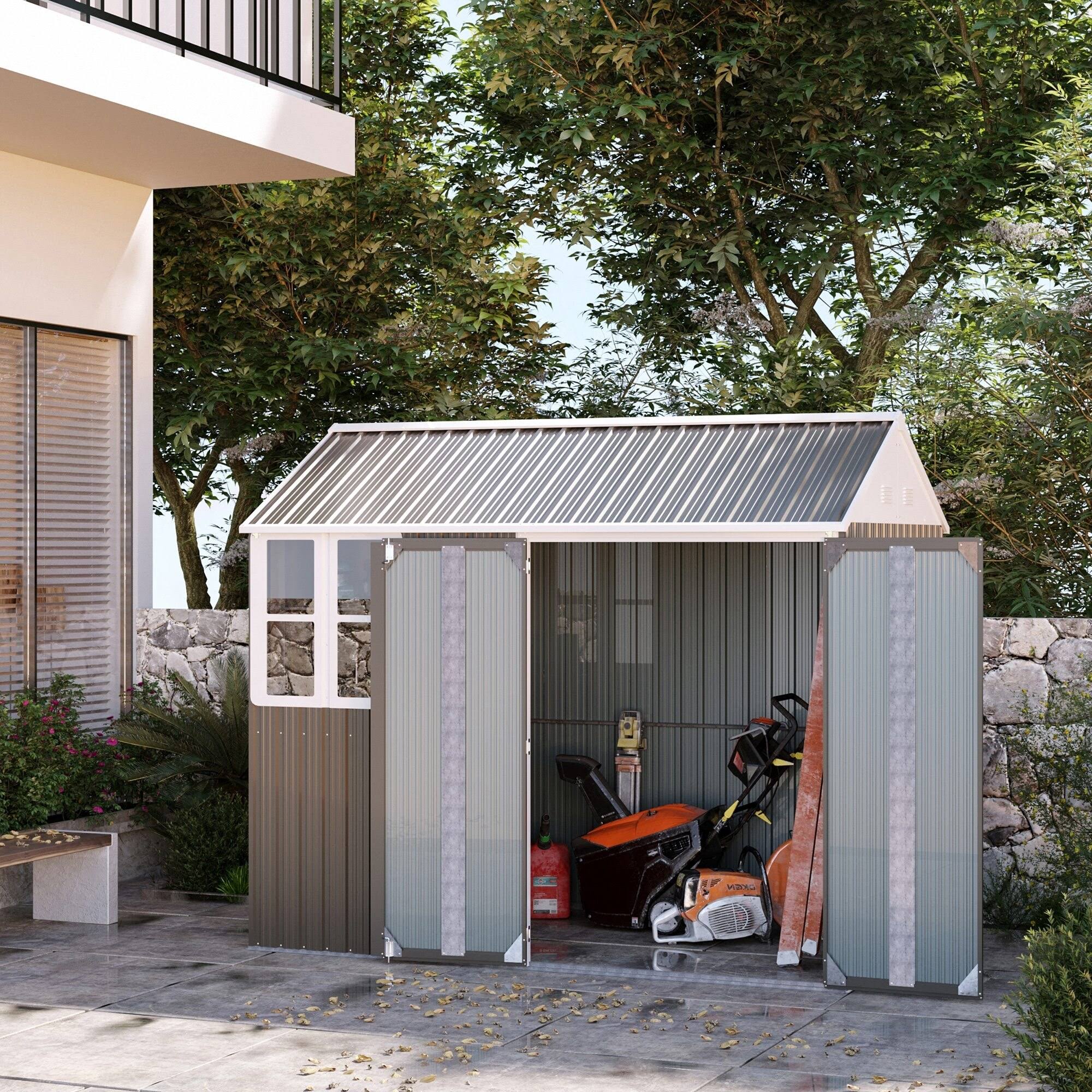 09c6cdace6def6c98f77d1ecf9ba1909a6639297905162b22dc0f91cc8b3c2aa.jpg Outsunny 8' x 6' Metal Garden Storage Shed w/ Doors Windows & Vents, Gray - Image 1