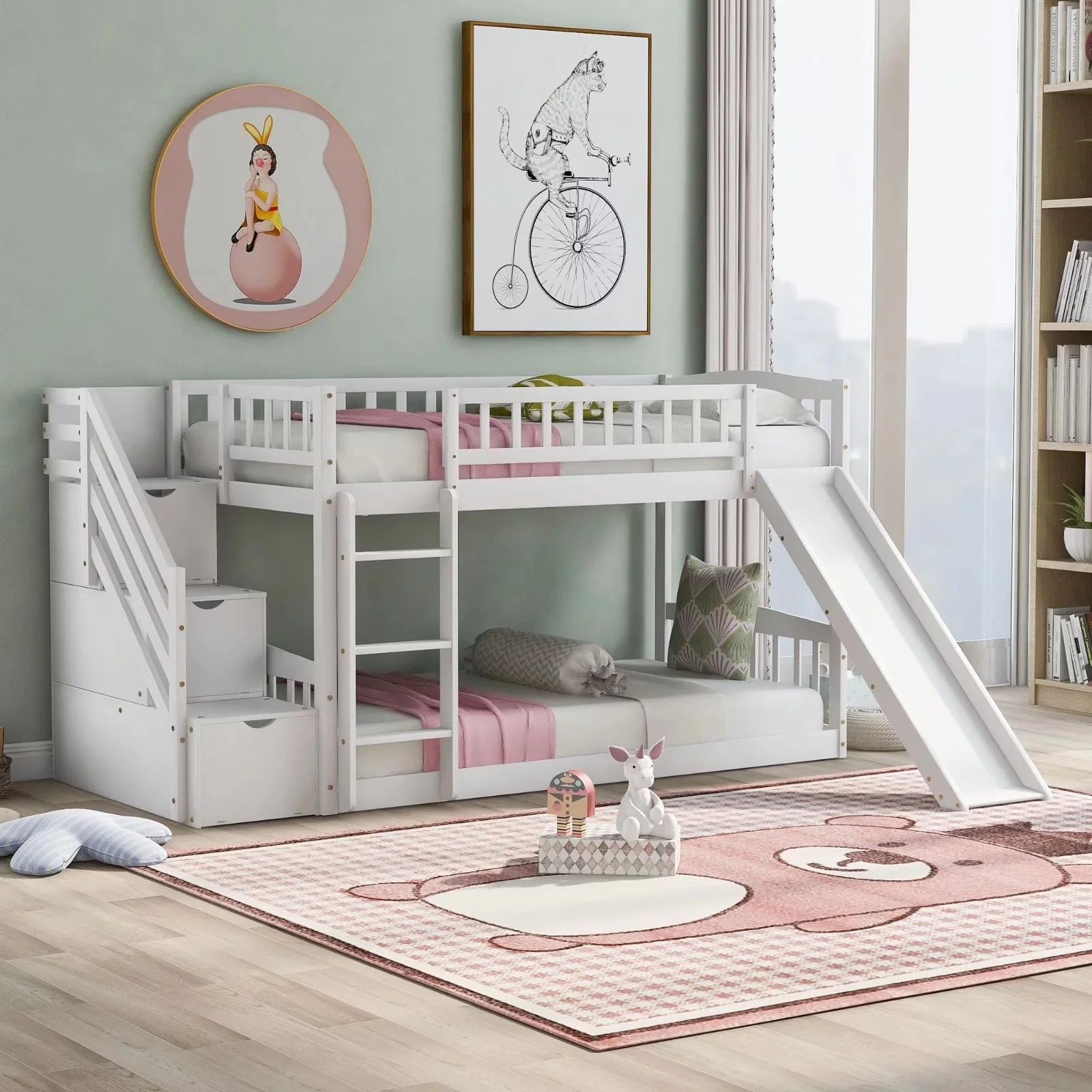 09ce21af299fcadd7aae9a9a451b2645c9d7d9c1e0a398deefe89e0d2a0fa108.webp Stairway Bunk Beds Twin Over Twin, Wooden Bunk Bed Frame with Kids Slide and Storage Staircase, 2 - in - 1 Storage Beds Frame with Ladder and Safety Guardrails for Boys Girls Bedroom, White - Image 1