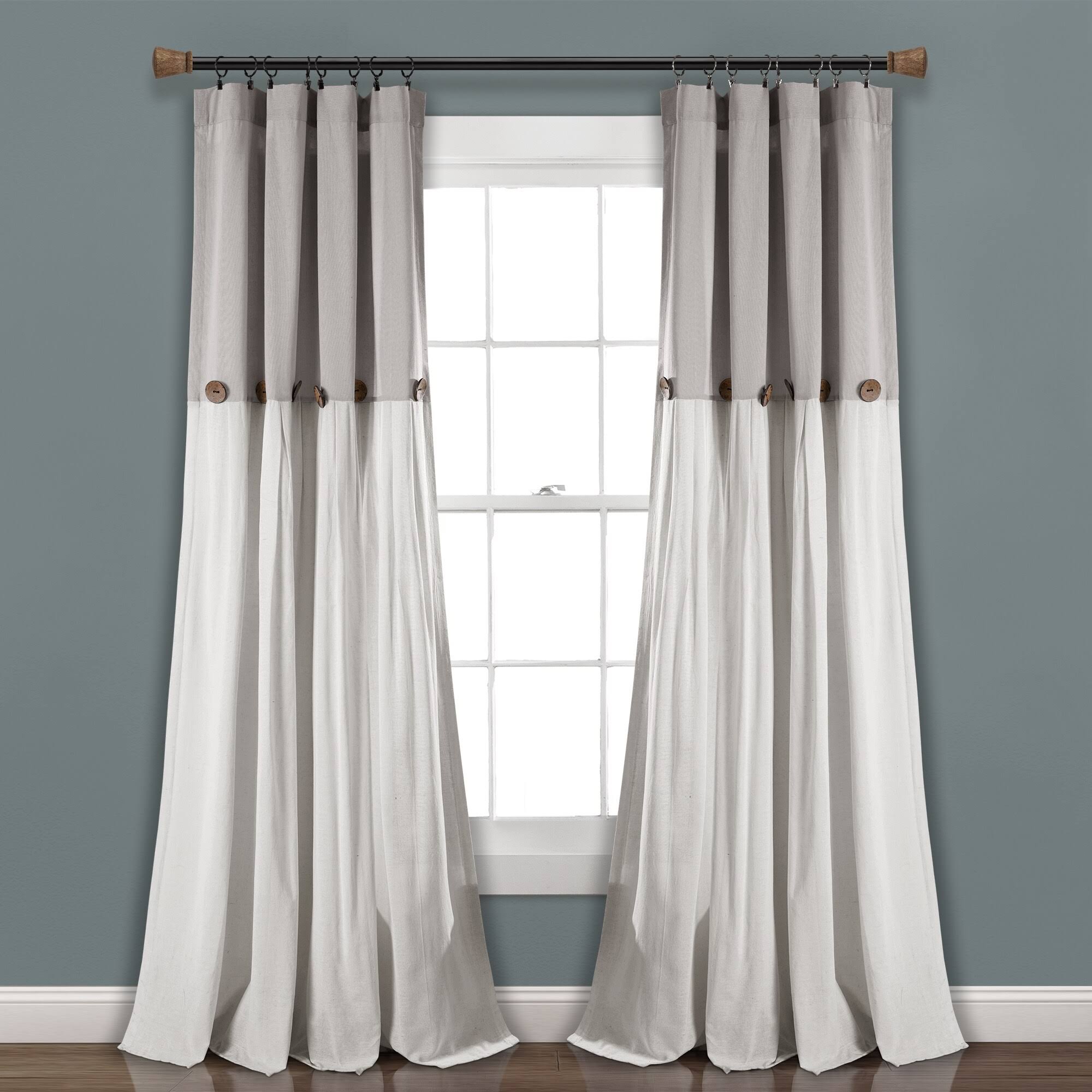 09df09a834a405aa7ffafb0d21e9c91f9c41d66ed8fa4bb403b7d24cb78789e4.jpg Lush Decor Linen Button Window Curtain Panel - 84", Single, Gray/White - Image 1