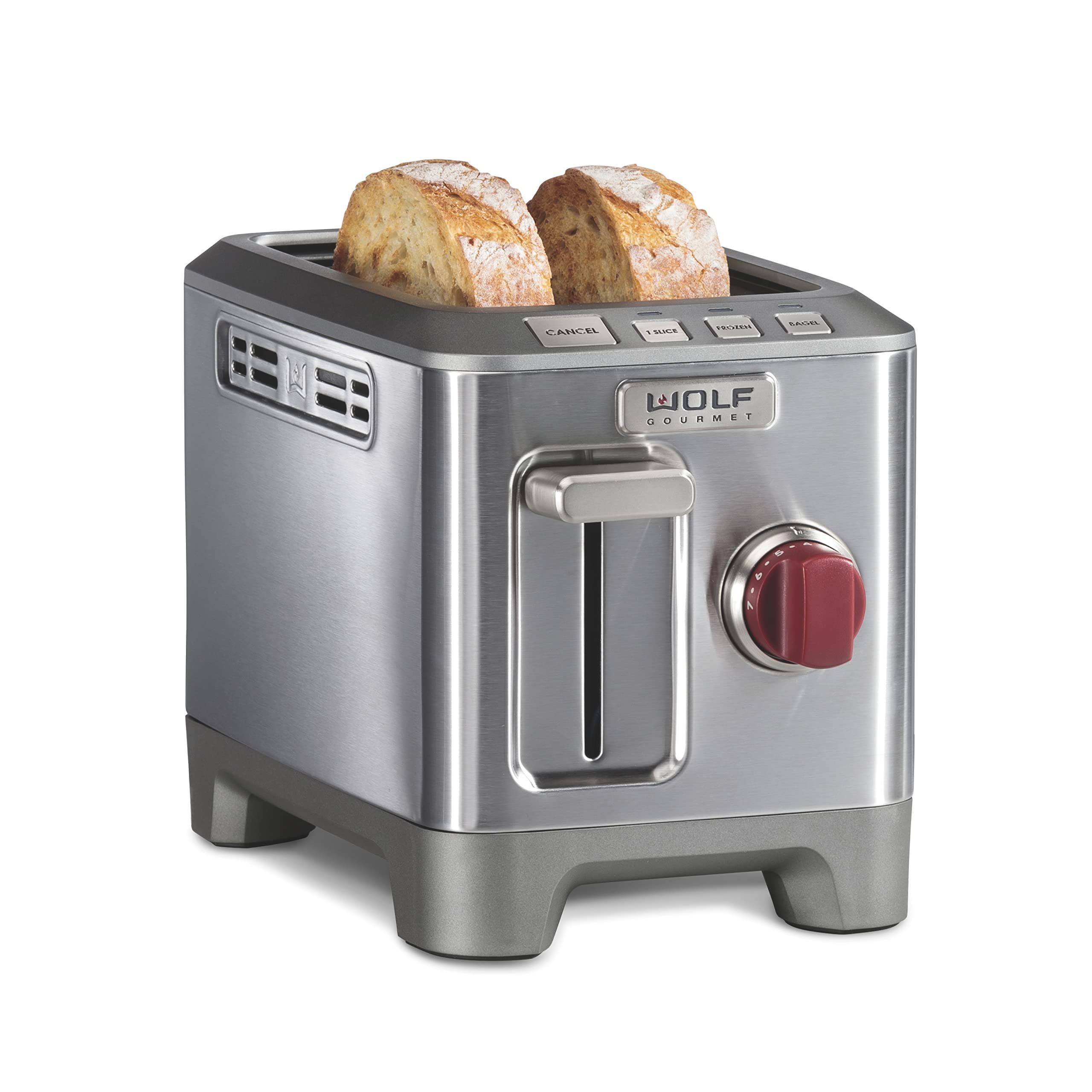 0a3a7fb7b575c325e4c3da71275a369f3165802c65e3dcc7379eeb236a262745.jpg Wolf Gourmet 2 Slice Stainless Steel Red Knob Toaster - Image 1