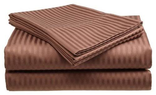 0a3e39df8c8e894e3df6dbb8f2bc9191cad5423392f2dd6e05df40e63c9de121.jpg Crystal Trading 4-Piece Bed Sheet Set - Dobby Stripe - 100% Cotton Sateen - 400 Thread Count (Coffee, Queen) - Image 1