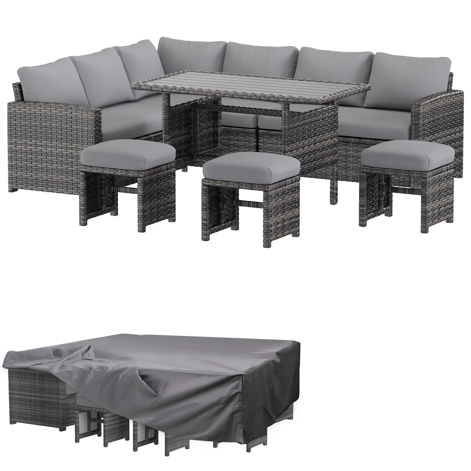 0a7f7976d3b8f5f6a503a2e2aeb6c0e059def30ad157f4c6964320ad0a5166b8.webp AECOJOY 7 Pieces Outdoor Wicker Rattan Dining Sofa Set with Waterproof Cover, Gray - Image 1
