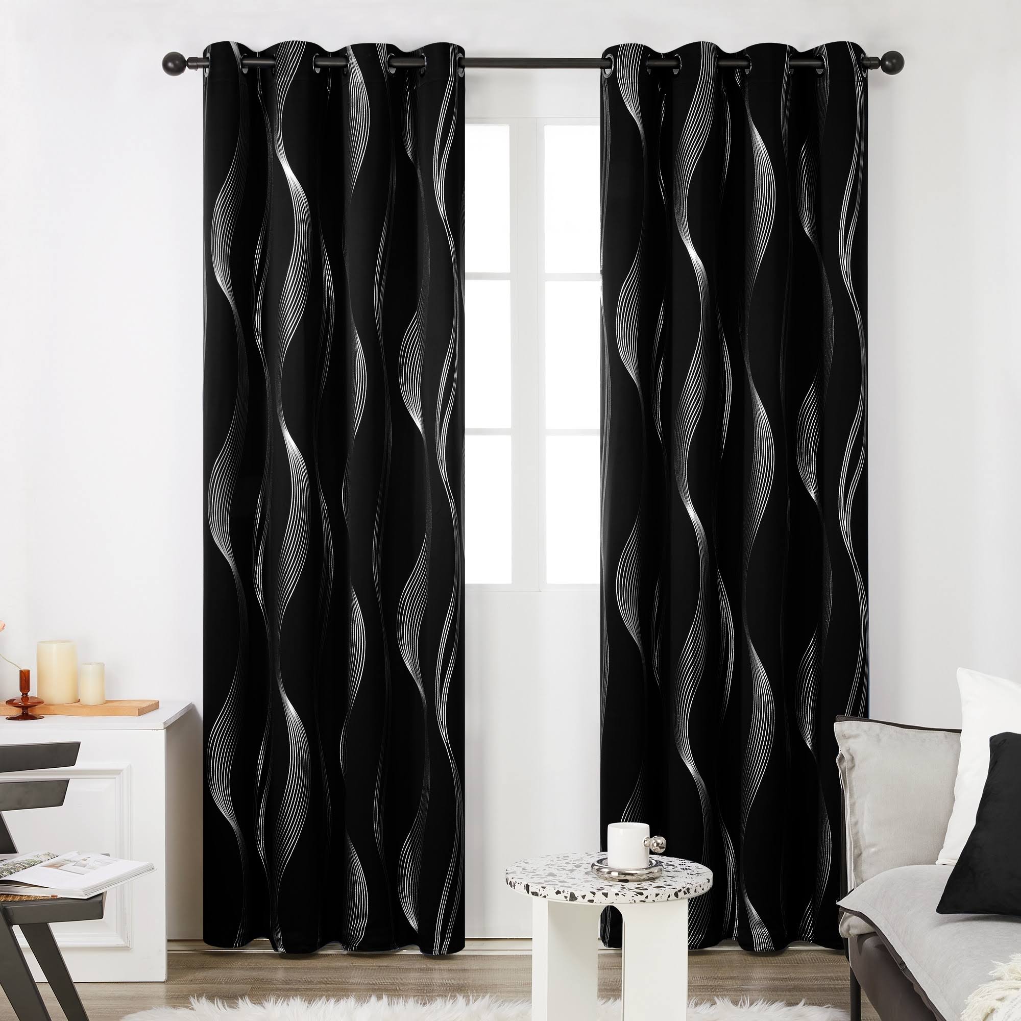 0ab9a589c4e523ea2b523afadf1a7130a70f8cc064e9a7390c0cbcffed0f7cda.jpg Deconovo Thermal Insulated Room Darkening Black Blackout Curtains with Silver Stripe Pattern, Grommet Curtains for Living Room, 2 Panels, 52 by 84 in - Image 1