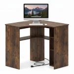 Tangkula 90-Degree Triangle Corner Desk with Charging Station & Open Storage Shelves
