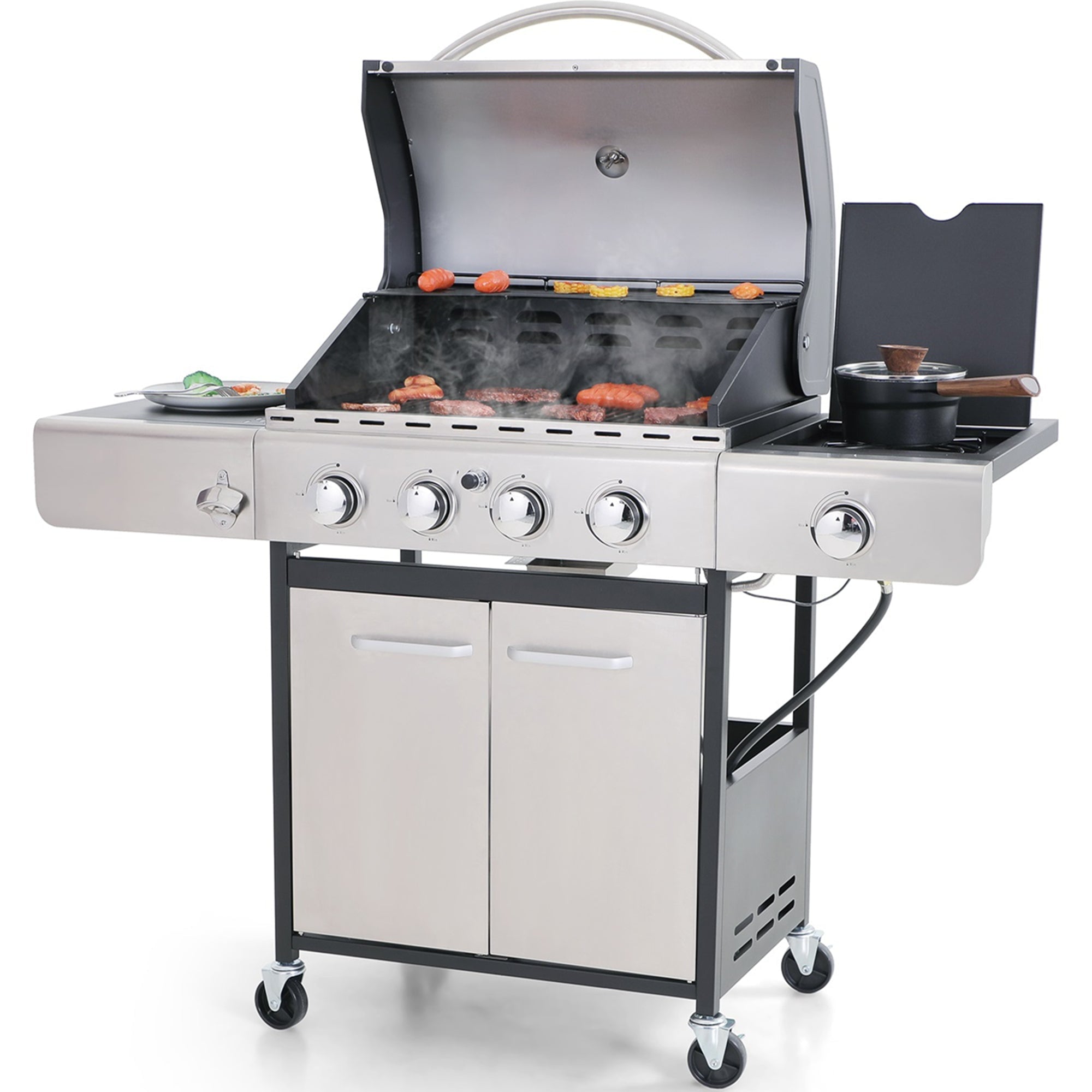 0b07272b0b73599032a7cafac7700b017fe9eb081f96b8aa5e47beb0d34452ce.jpg & William Stainless Steel Portable 4-Burner Propane Gas Grill with Side Burner - Image 1