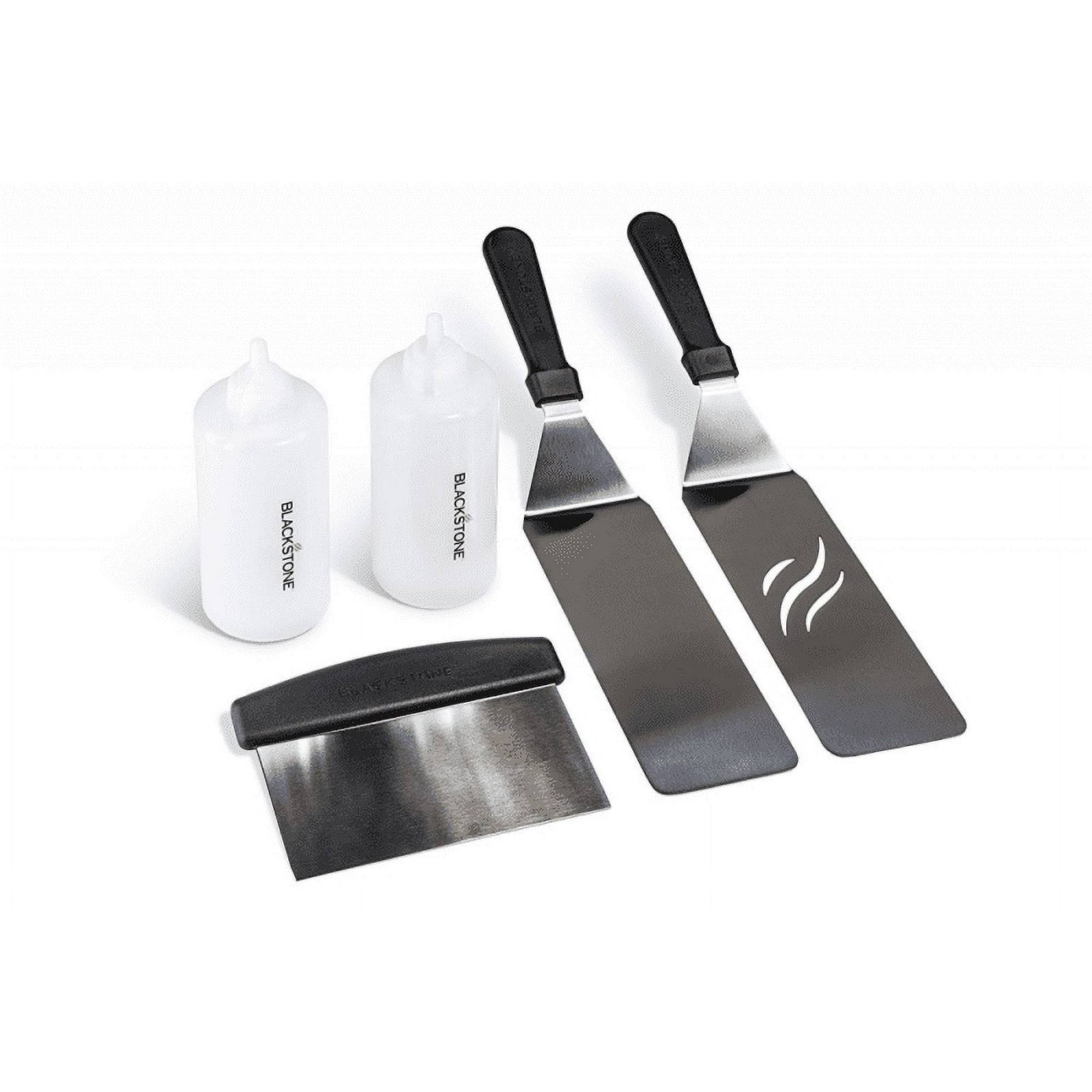 0b3250219ac5893bcafba27f76cf82915604f249f004cd2d6bdfba826ec11d13.jpg Blackstone 1542 Flat Top Griddle Professional Grade Accessory Tool Kit (5 Pieces) 16 oz Bottle Two Spatulas Chopper/Scraper and One - Image 1