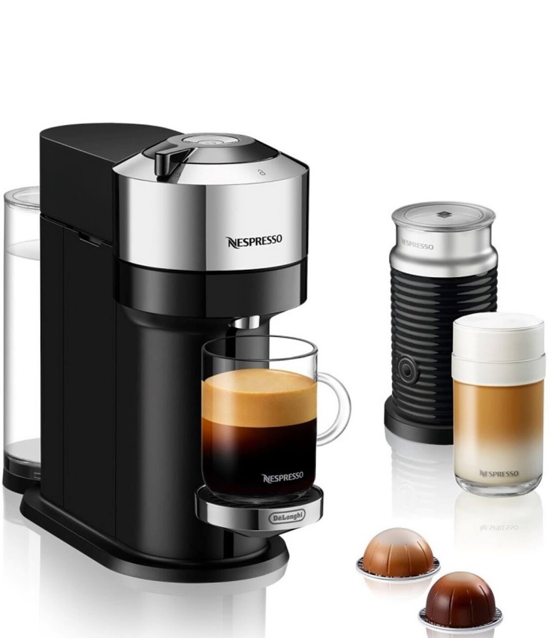0b6e216f9b0fbdd9fb9f7e474e79be0d879a92add02a27b63fff171cb3c1a2b6.jpg Nespresso by De'Longhi Vertuo Next Chrome Coffee and Espresso Machine with Aeroccino - Image 1