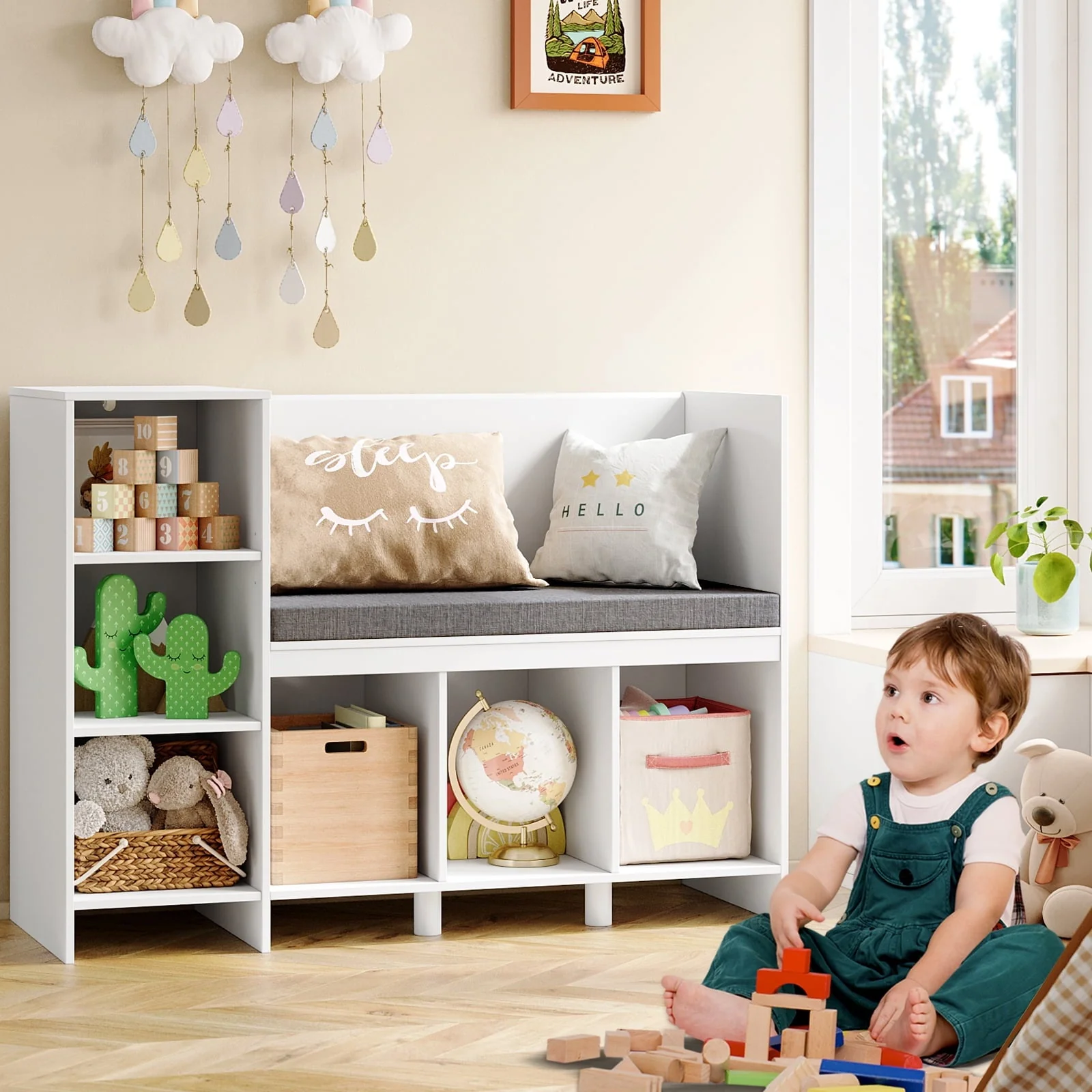 0ba71c03d2c0bd124552b5a84101696b6b270b3d183a314b471d2070322d0113.webp Homfa 6 Cube Kids Bookshelf with Reading Nook, Storage Organizer with Seat Cushion for Children'S Room, White - Image 1