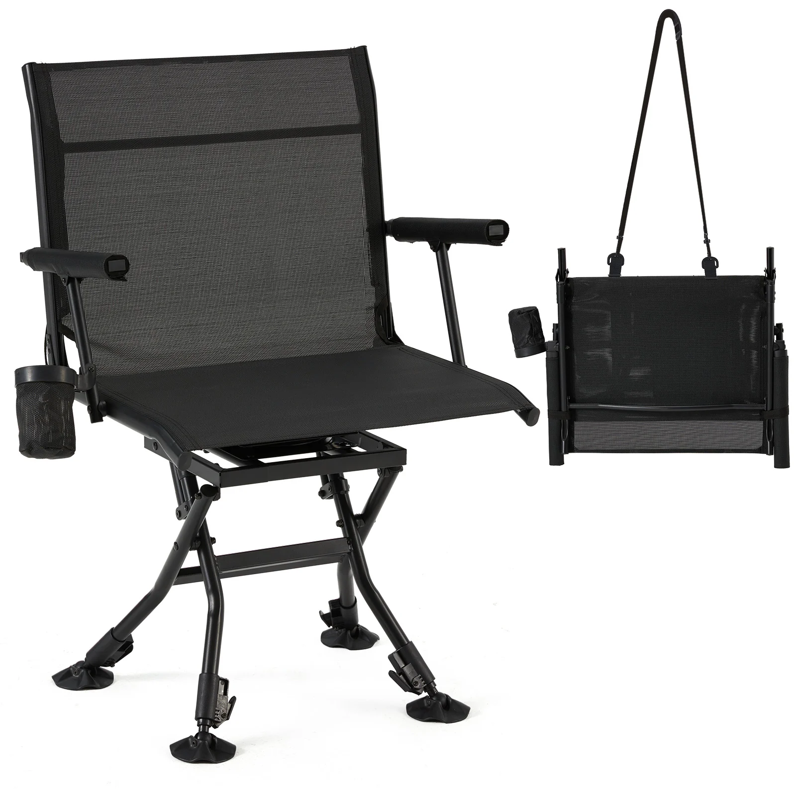 0be49c47a885dde2abcaea613be36b1e605170d37c9231d792174da4a7d3b7cd.webp AECOJOY Folding Hunting Swivel Chair, Compact Storage Design, Black Steel Frame for Outdoor Shooting & Camping - Image 1
