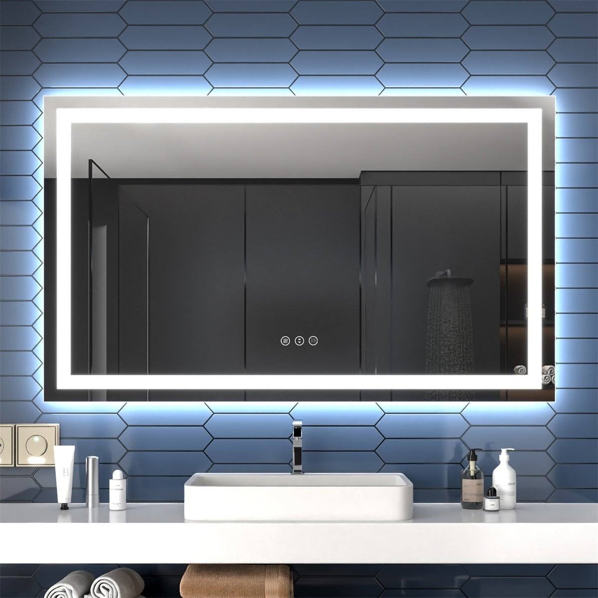 0bfecd1ea420c8d74f98b8778a6f605358397eca9a4f372f4f06d43954622e12.jpg ExBrite 60 x 36 inch LED Large Bathroom Mirror,Anti Fog,Dimmable,Dual Lighting Mode,Tempered Glass - Image 1