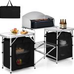 Camping Kitchen Table with Storage. Aluminum Portable Outdoor Cooking Table with Windscreen. Foldable Camp Table Cook Station for BBQ. Grill. Party. Picnics