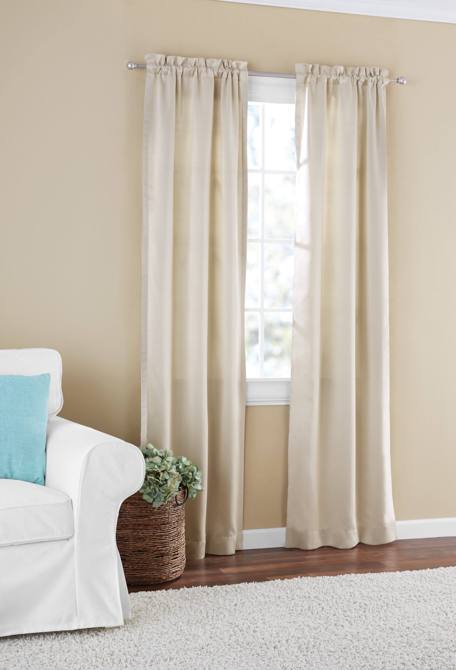 0c62d77777815ed20bfe552e3c16982327eaedf1669c6cf59dfcca04c2dd3755.jpg Mainstays Room Darkening Solid Woven Window Curtain Panel Pair, 60x84, Beige - Image 1
