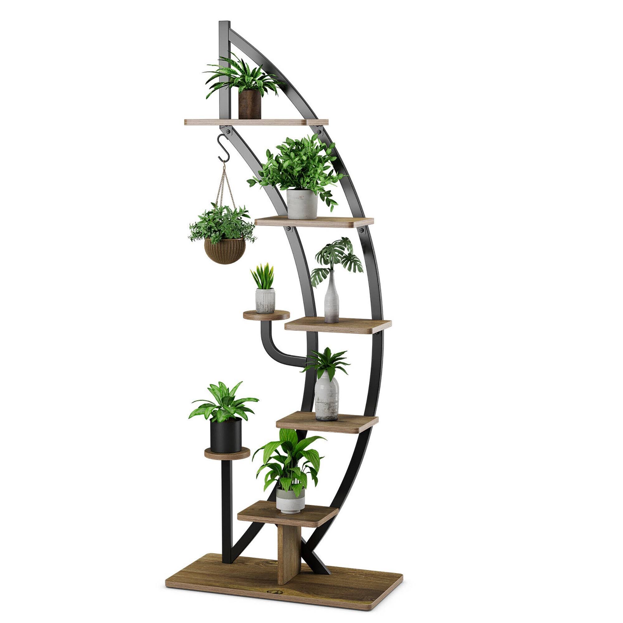 0ca99057f2721772add5f23cba962815663f32f6d1ad0bb415a1a58dff847dc9.jpg Costway 6 Tier Metal Plant Stand Rack Half Moon Shape Ladder Planter Organizer w/Hook - Image 1