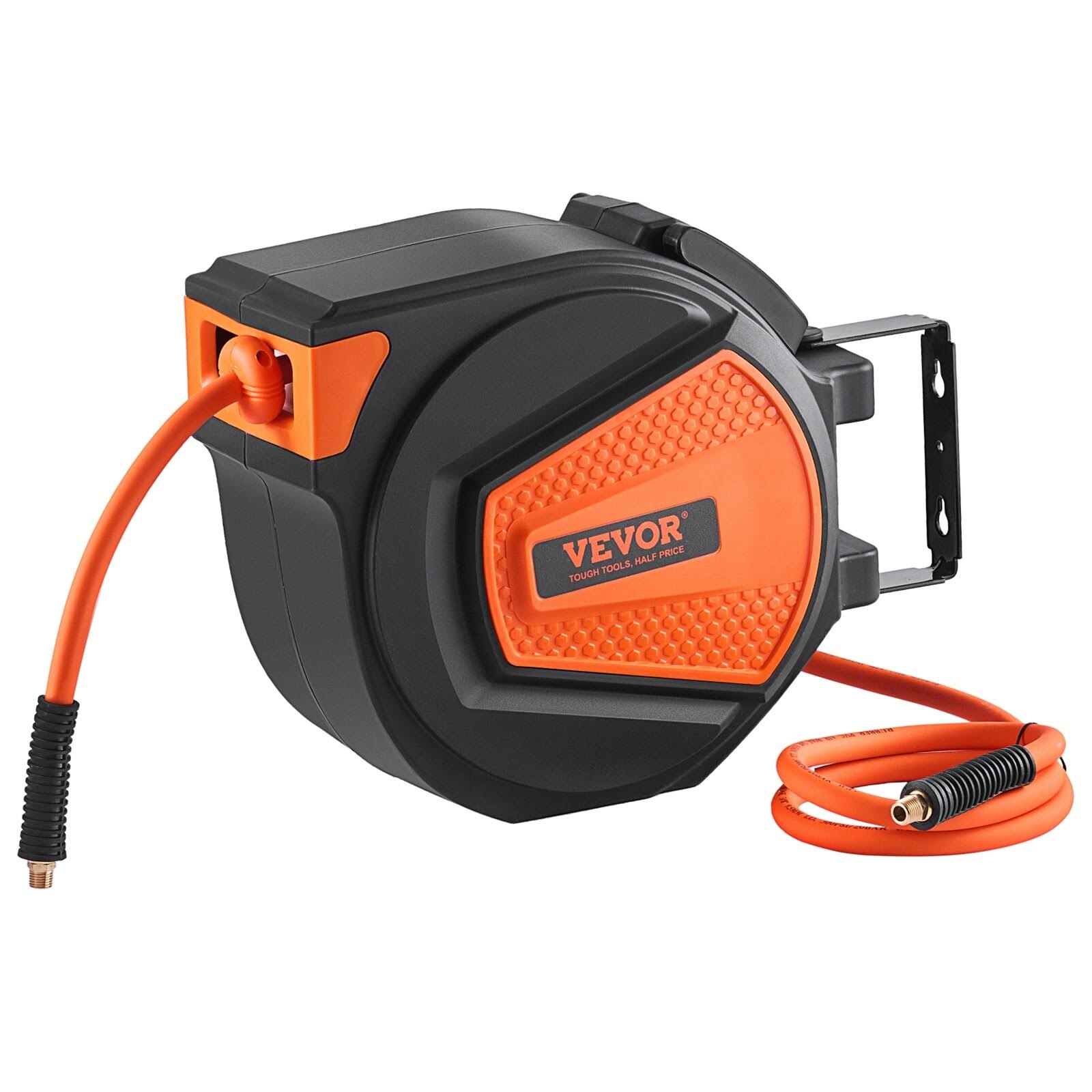 0cb50c0265cb9e96769244def3f8876974380f95a9d46918ef01748fda75cdd0.jpg VEVOR Retractable Air Hose Reel 3/8 in x 50 ft Hybrid Air Hose Max 300psi Air Compressor Hose Reel with 5 ft Lead in Ceiling / Wall Mount Enclosed - Image 1