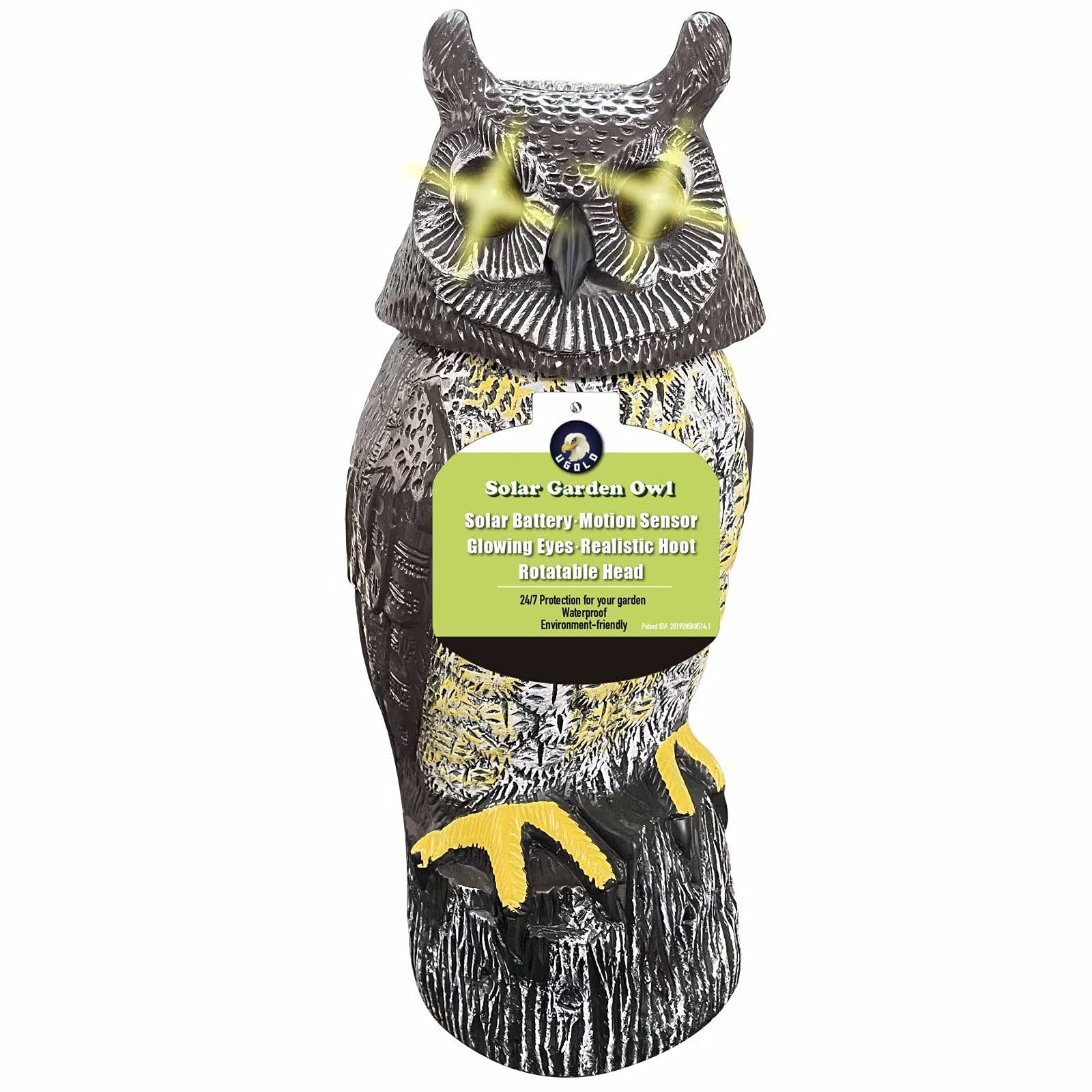 0ccfd3cb6928e3499dab50d3da180f1dffd45769e3a79d13db4075ea3d805e9e.jpg Ugold Solar Powered Owl with Detection, Silent Mode, Flashing Eyes, Rotatable Head and Realistic Hoots, Plastic Owl Decoration F - Image 1