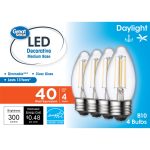Great Value LED Light Bulb, 4 Watts (40w Equivalent) B10 Deco Lamp E26 Medium Base, Dimmable, Daylight, 4-Pack