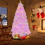 7 FT Pre-lit Pink Artificial Christmas Tree, Hinged Snow Flocked Holiday Tree with 1200 Tips, 500 Multi-Color LED Lights & 8 Modes for Home Decor