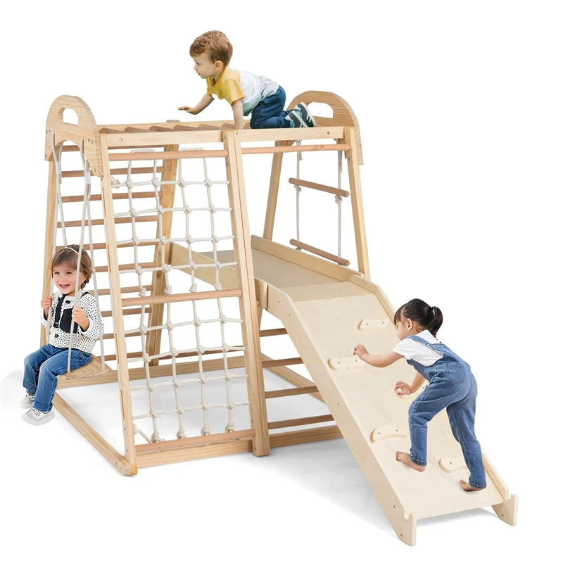 8-in-1 Wooden Indoor Jungle Gym Montessori Playground Climber Playset w/ Double-Sided Slide, Swing, Monkey Bar, Rope Ladder for Kids Ages 3-8
