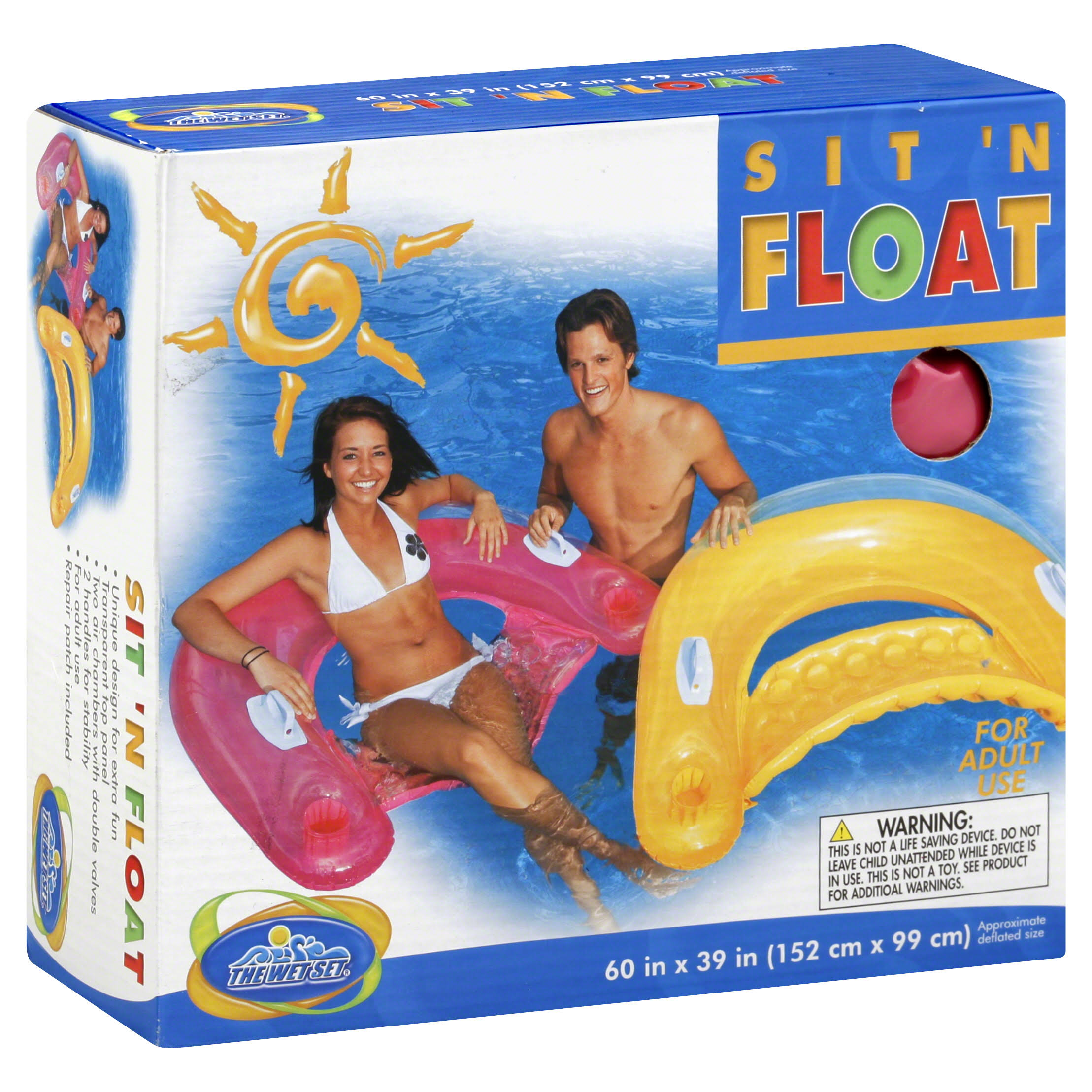 0d6929344c856dde01bd7cff40e49d439805ad92b9353db50e28375edb510c46.jpg Intex Sit N Float Inflatable Lounge, 60" X 39", 1 Pack (Colors May Vary) - Image 1