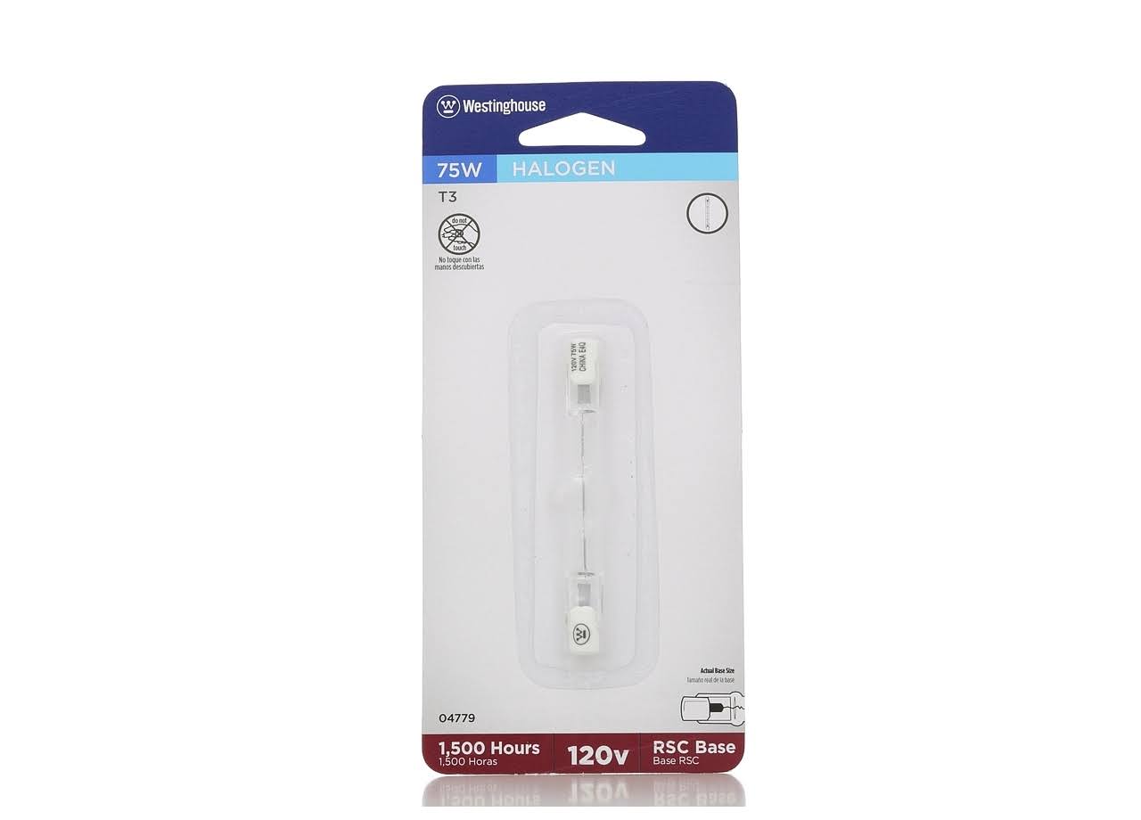 0da518f1ac86f7d2dc4cdd1e7de2c43717f36885ac0680fbb346cb17569f49c6.jpg Westinghouse Light Bulb, Halogen, Double-Ended, 75 Watts - Image 1