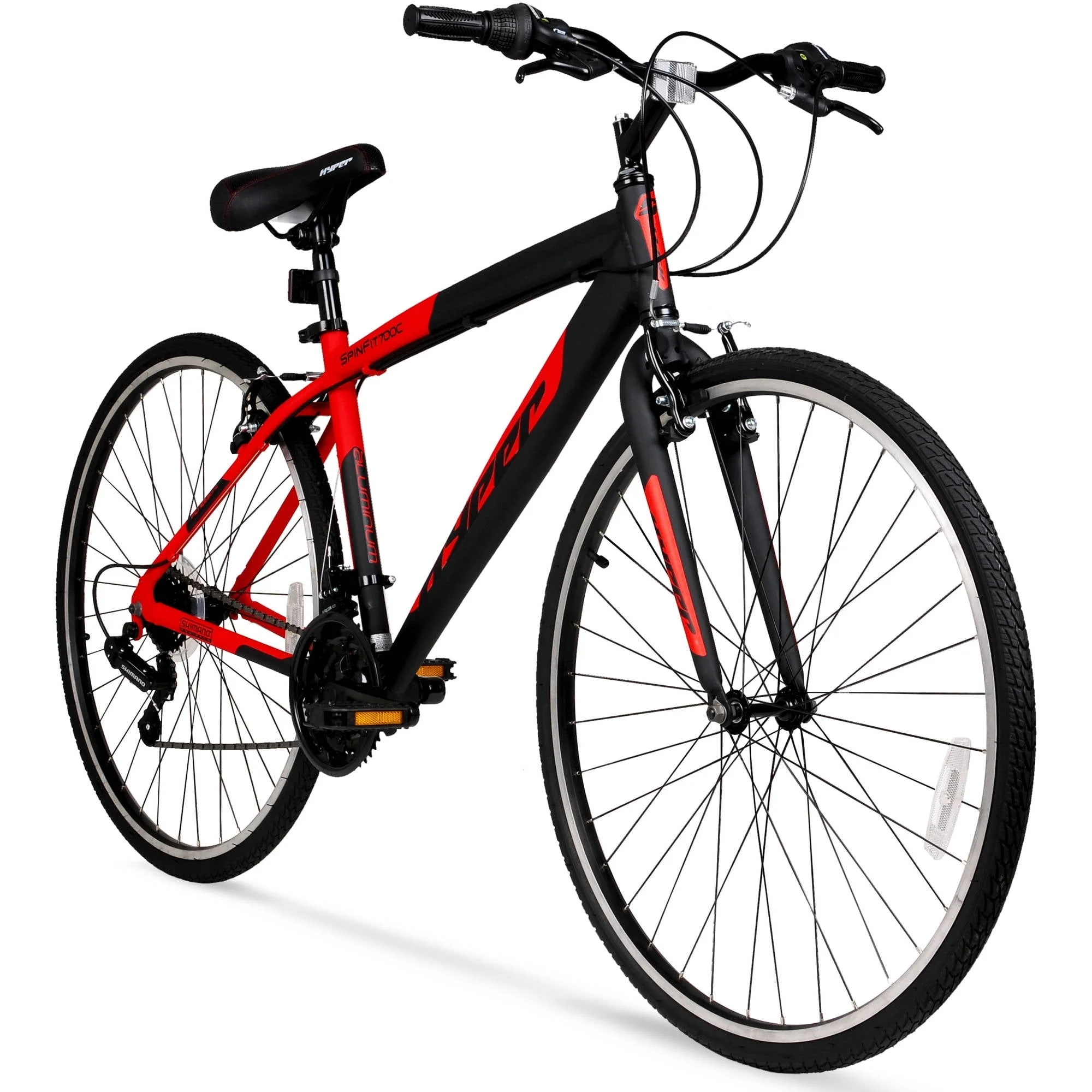 0dbb4f97cb73b167ca2c01b80929cbd7921cd8c77efd27893788ec7177825d49.webp Hyper Bicycle 700c Men'S Spin Fit Hybrid Bike, Black and Red - Image 1