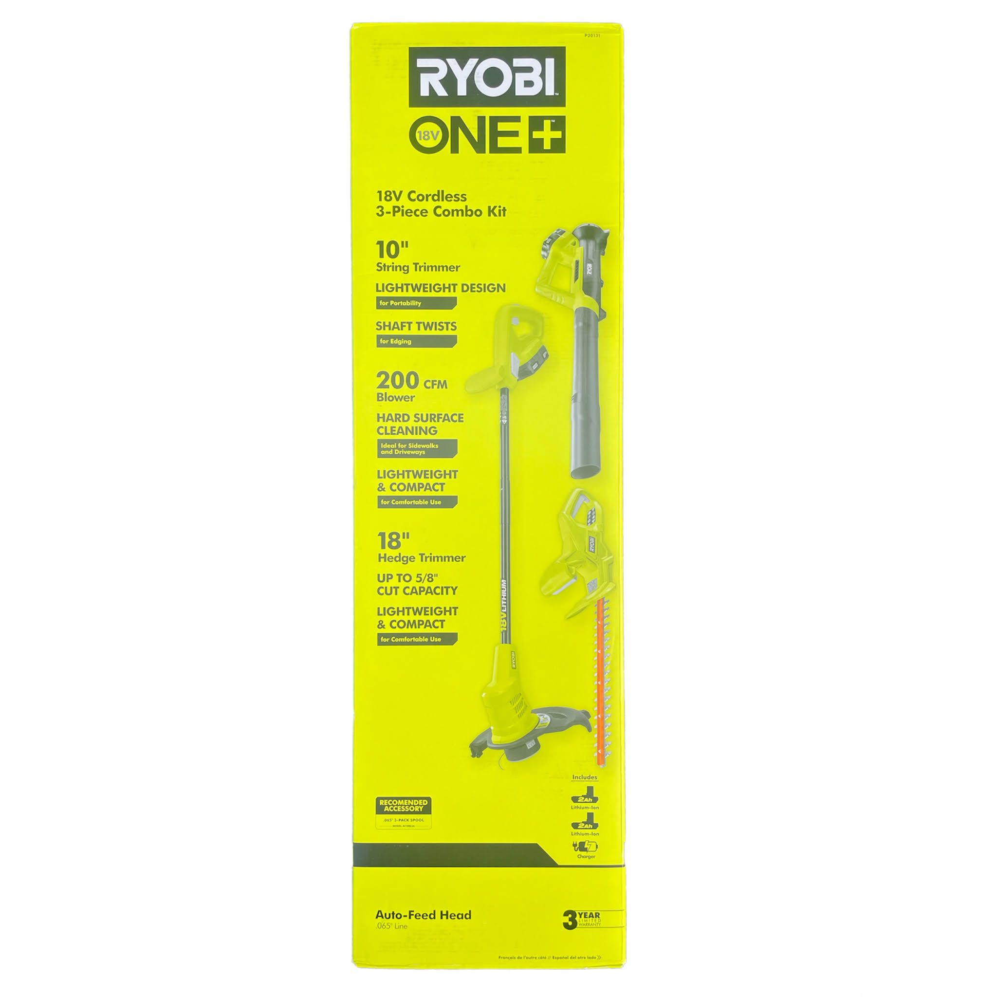 0e06c2d0d28cbac2c9434a051bc6734bc17abd9e6c68bac00afb8329d61bc528.jpg Ryobi One+ 18V Cordless Battery String Trimmer/Edger, Hedge Trimmer, Blower (3-Tool) w/ (2) 2.0 Ah Batteries and Charger - Image 1