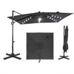 10 FT Cantilever Patio Umbrella with 32 Solar LED Lights, 360° Rotation & Easy Tilt, Square Outdoor Offset Hanging Umbrella with Cross Base