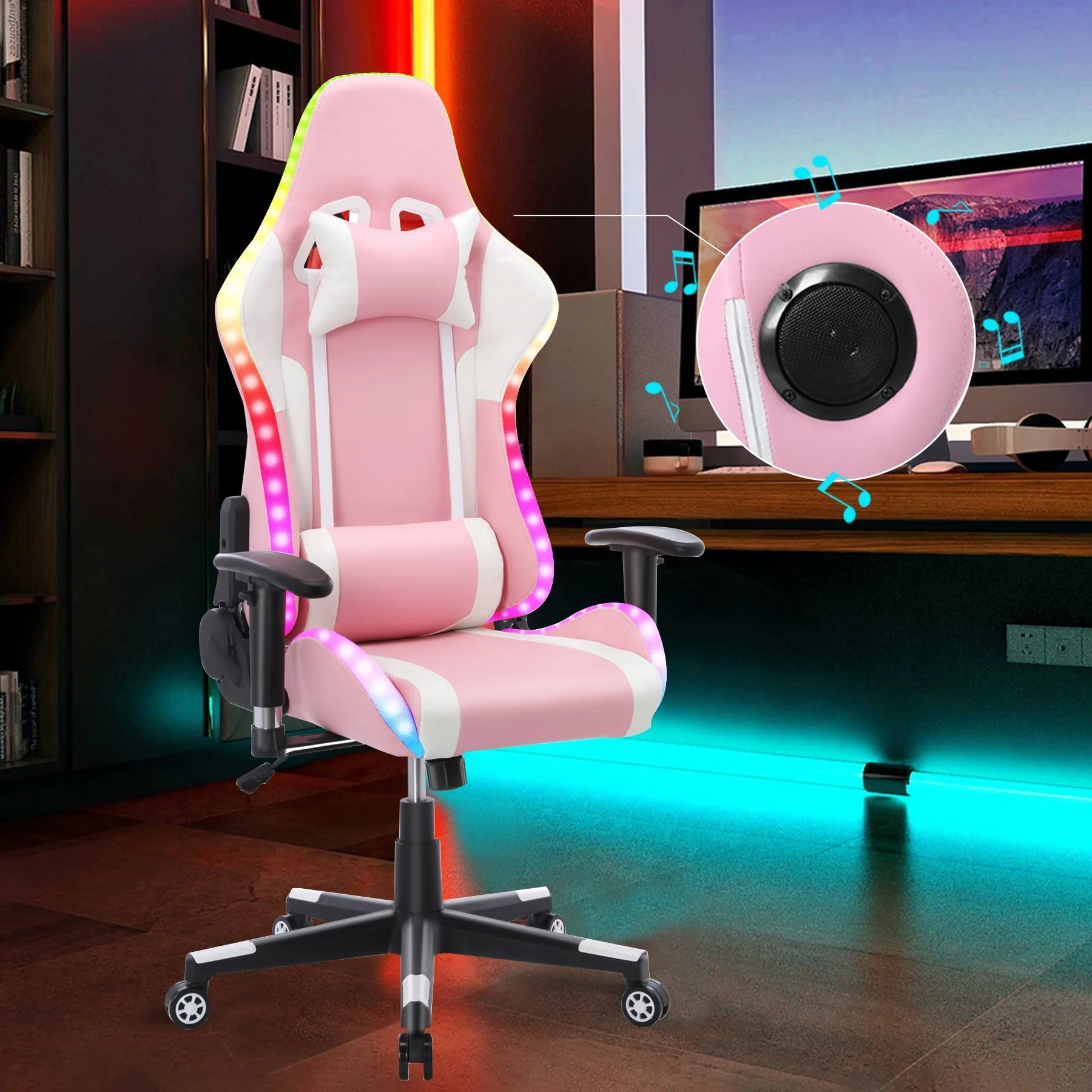 0e324919f470f3996fe3e882817eff56f5edc74c39c32e5e7cc7fa6f26941abd.webp Homemiyn Gaming Chair with Speakers Video and RGB LED Lights, Pink PU Leather Ergonomic Racing Office Chair - Image 1