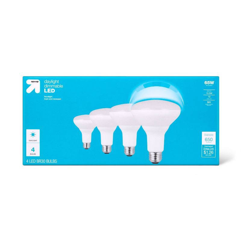 0e38ed13ed70f777a4a656188ef9ce4bbd63b4dc4c1bf1aa169eaf6ae359a66f.jpg Up&Up LED 65W BR30 Daylight Light Bulbs - 4 Pack - Image 1