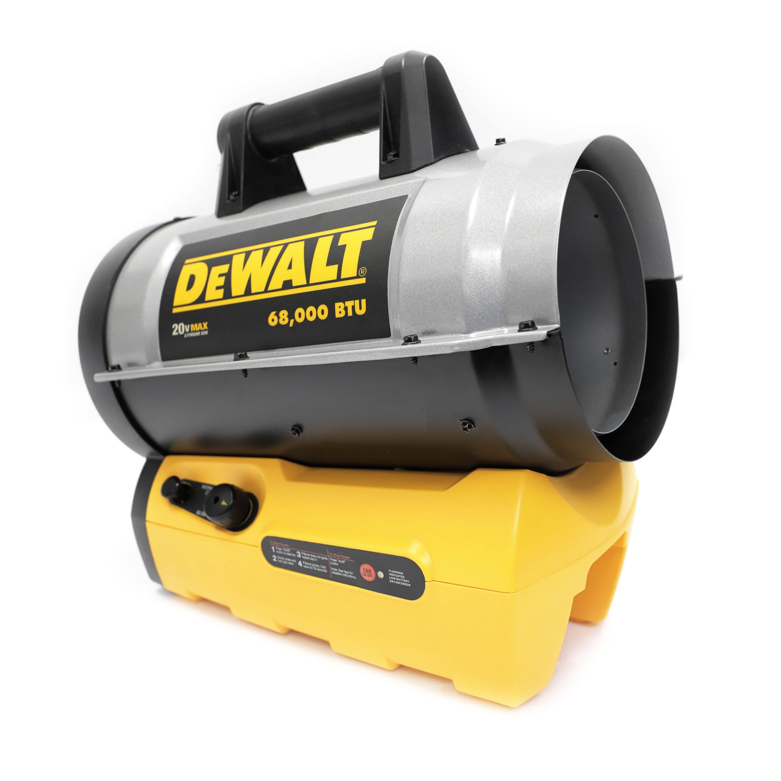 0e484ff17e0a116be7984f39bf3982052bc26aae90b30dc45a014c511eee392b.jpg DeWalt 68,000 BTU Cordless Forced Air Propane Heater - Image 1