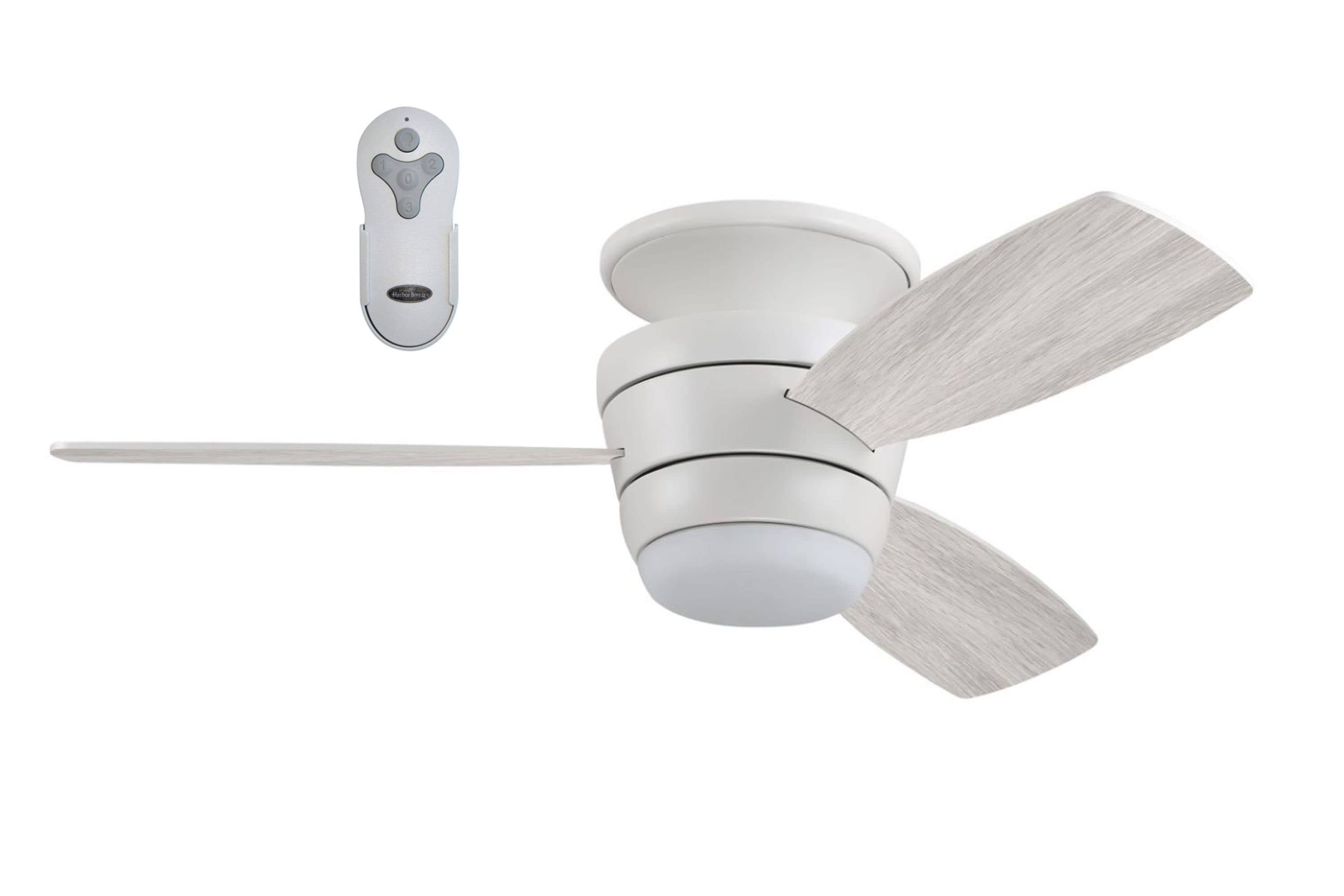 0e54d87265d51d2317f797714d6de218f7da1dc3ad1343e01ebe8f93e645f66e.jpg Harbor Breeze Mazon 44-in White LED Indoor Flush Mount Ceiling Fan with Light Remote (3-Blade) - Image 1
