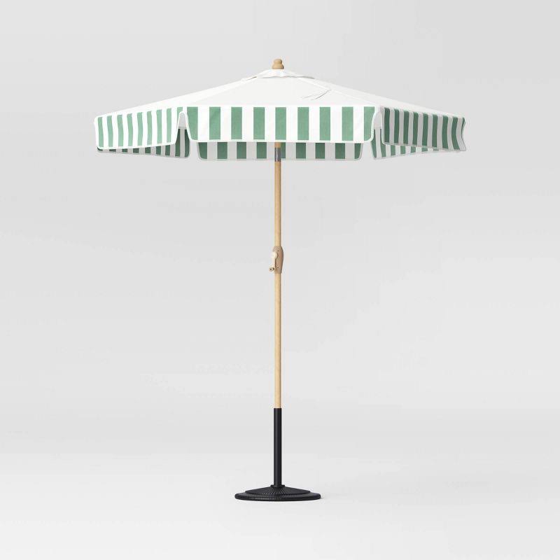 0e5ac2cec0edfd0228b3380c3f1d79955bf47d5e8edc93b423f86bd12b39d805.jpg 6.5' Round Valance Outdoor Patio Market Umbrella Green Sprinkle Stripe - Threshold Designed with Studio McGee - Image 1