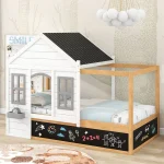 House Platform Bed with Black Roof and 2 Windows, Solid Wood Twin Size Canopy Platform Bed Frame with Little Shelf and Blackboard for Toddlers Kids Girls Boys, No Box Spring Needed, White