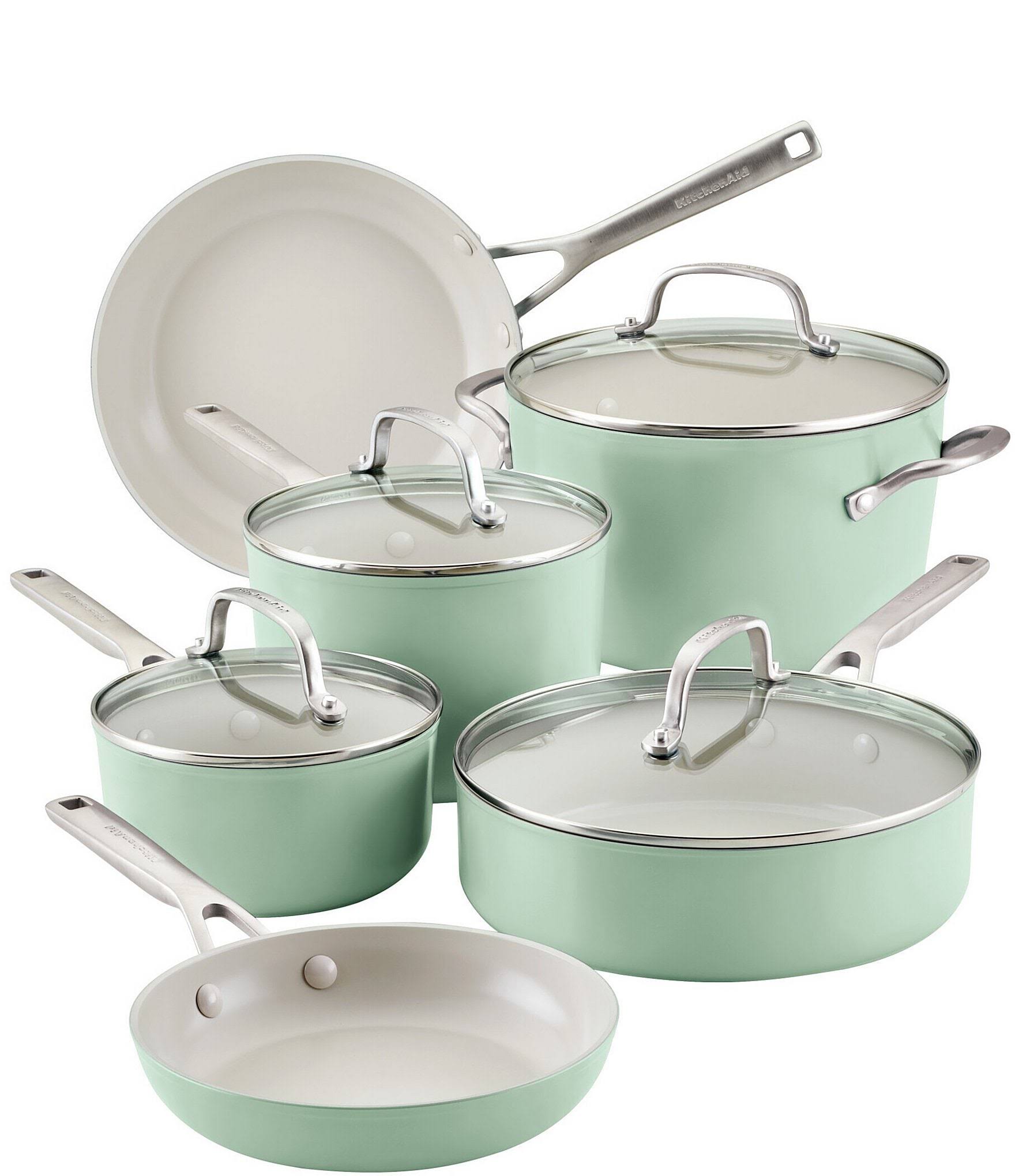 0e7bfeb6361d26eb2d21103881d6a5721484707aa4c3a15e7da1f6a6eeeaa5ff.jpg KitchenAid 10-Piece Hard Anodized Ceramic Nonstick Cookware Set, Pistachio - Image 1