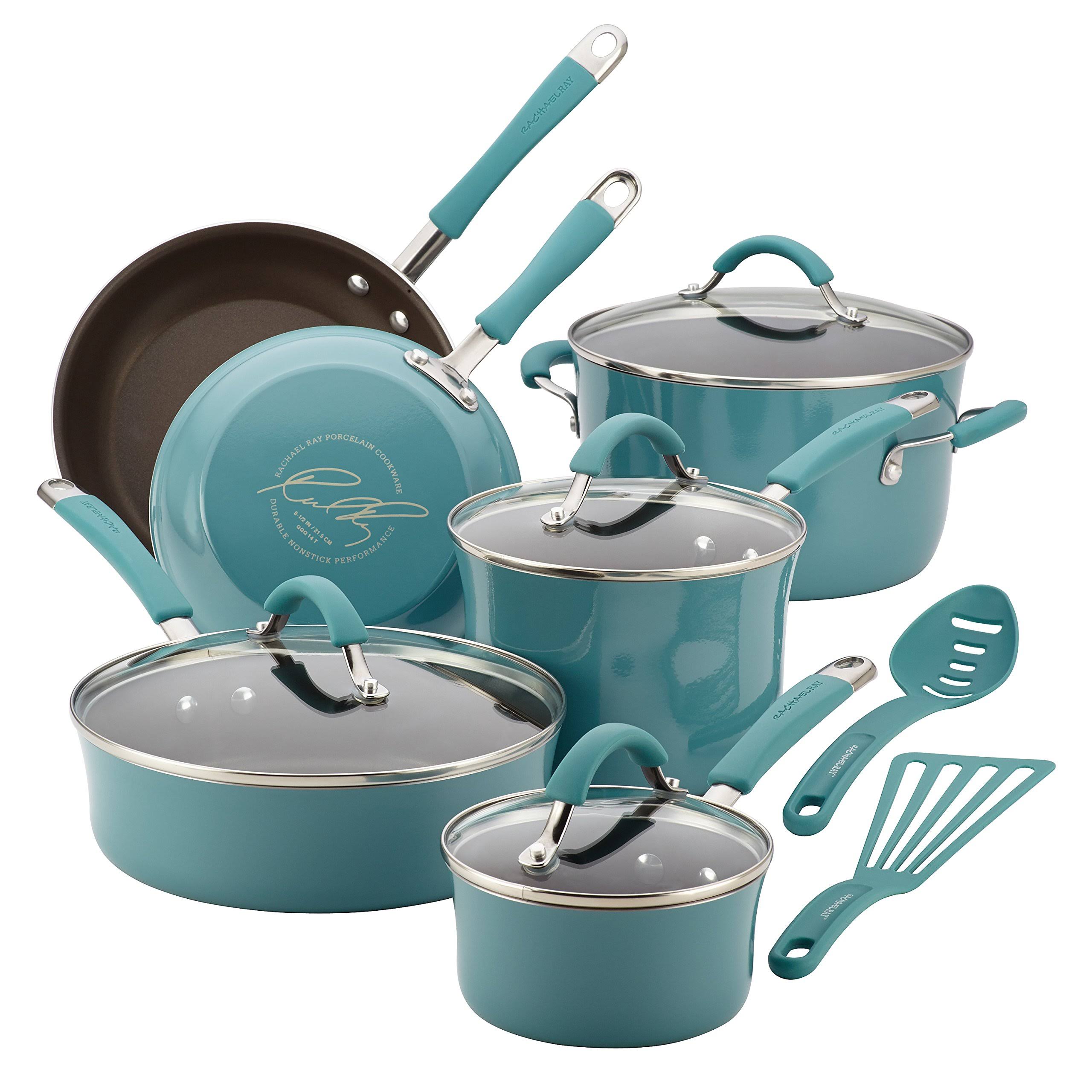 0e89616ad35a1cfad73d823c4c62e307f6e546241bb3e1414b8cab4c884ac584.jpg Rachael Ray 16344 Cucina Hard Enamel Nonstick 12-Piece Cookware Set, Agave Blue - Image 1
