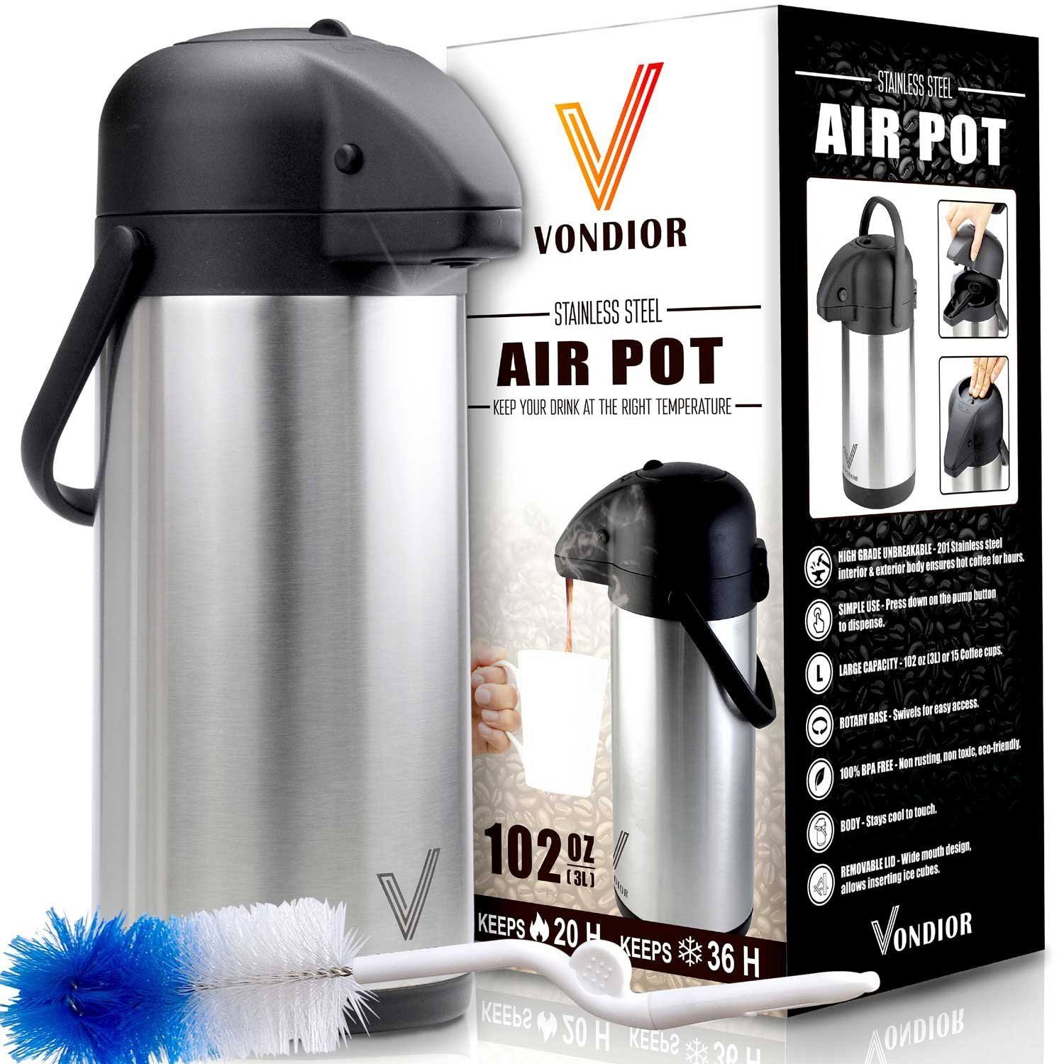 0ea194743724518a6609201f8d62b33c60300b3f980755eda6365b72e3a08f5d.jpg Vondior Airpot Coffee Dispenser with Pump - Insulated Stainless Steel Thermal Beverage Dispenser - 102 oz - Image 1