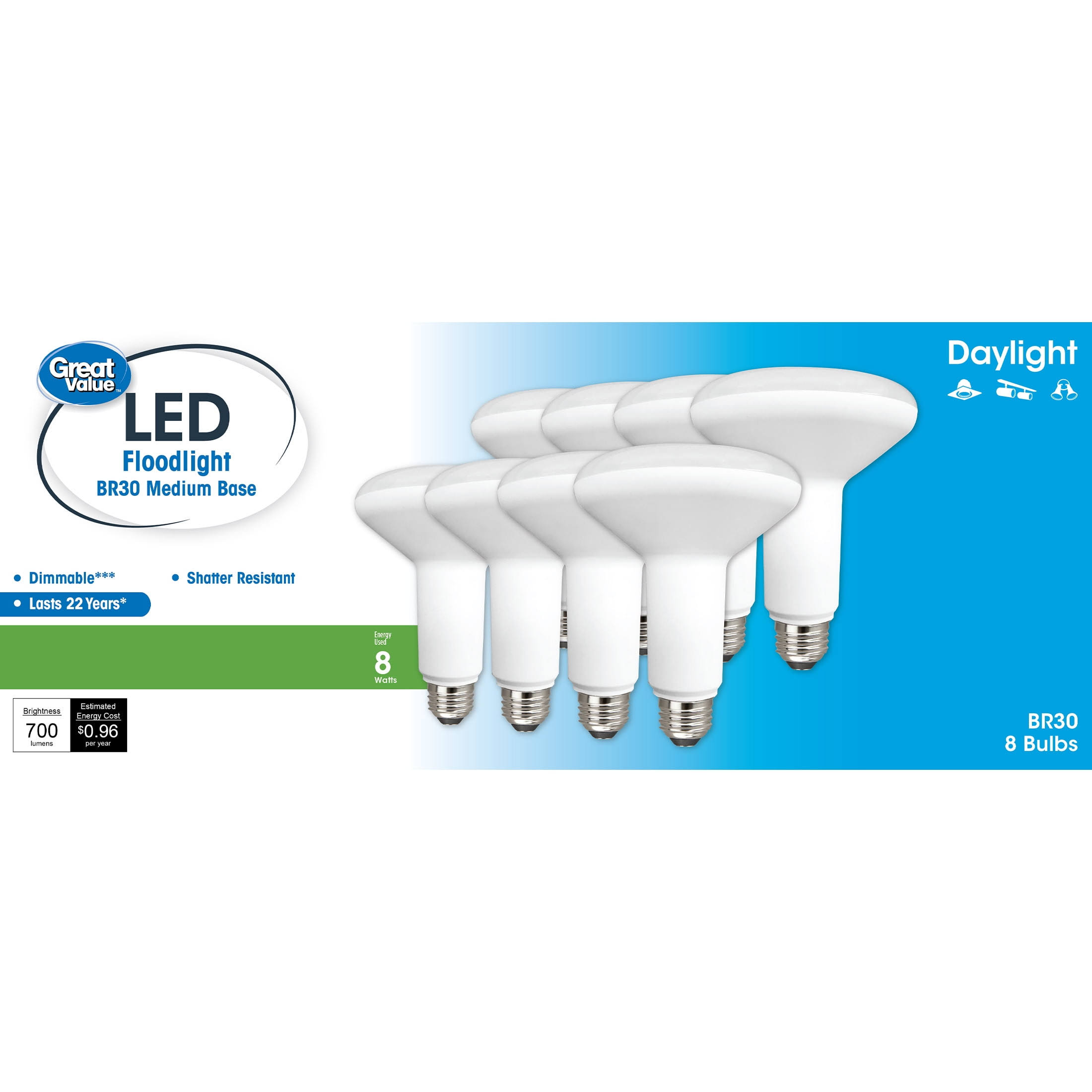 0eac30a569c14637436eb91fd8485243ab8baef3f2e2f2389b405038e3eb9e8f.jpg Great Value LED Light Bulb, 8W (65w Equivalent) BR30 Floodlight Lamp E26 Medium Base, Dimmable, Daylight, 8-Pack - Image 1