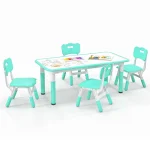 Kids Table and 4 Chairs Set, Height Adjustable Toddler Art Activity Desk with 4 Seats & Graffiti Desktop for Home, Daycare & Playroom